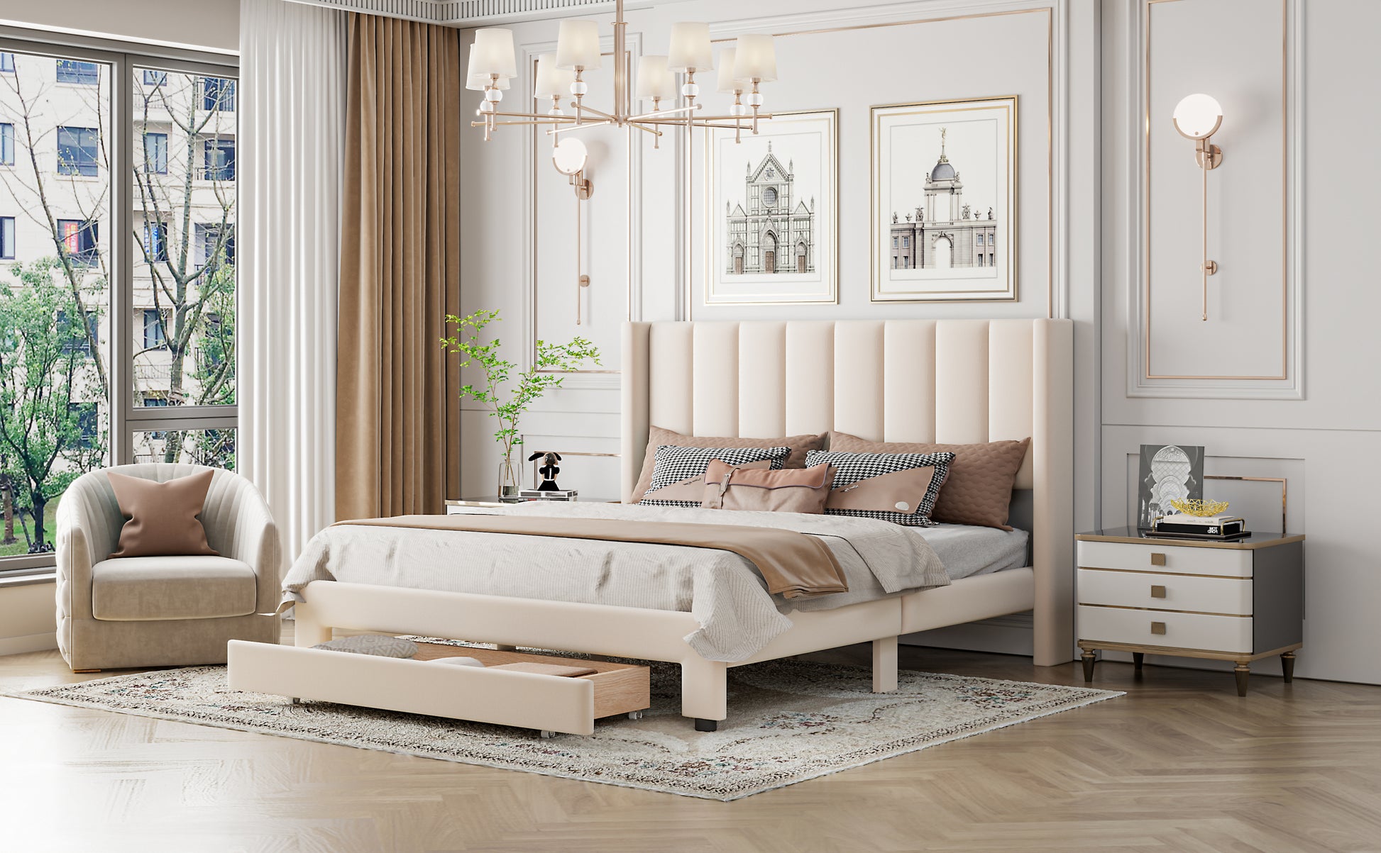 Queen Size Storage Bed Velvet Upholstered Platform Bed With A Big Drawer Beige Old Sku:Wf296854Aaa Queen Beige Velvet