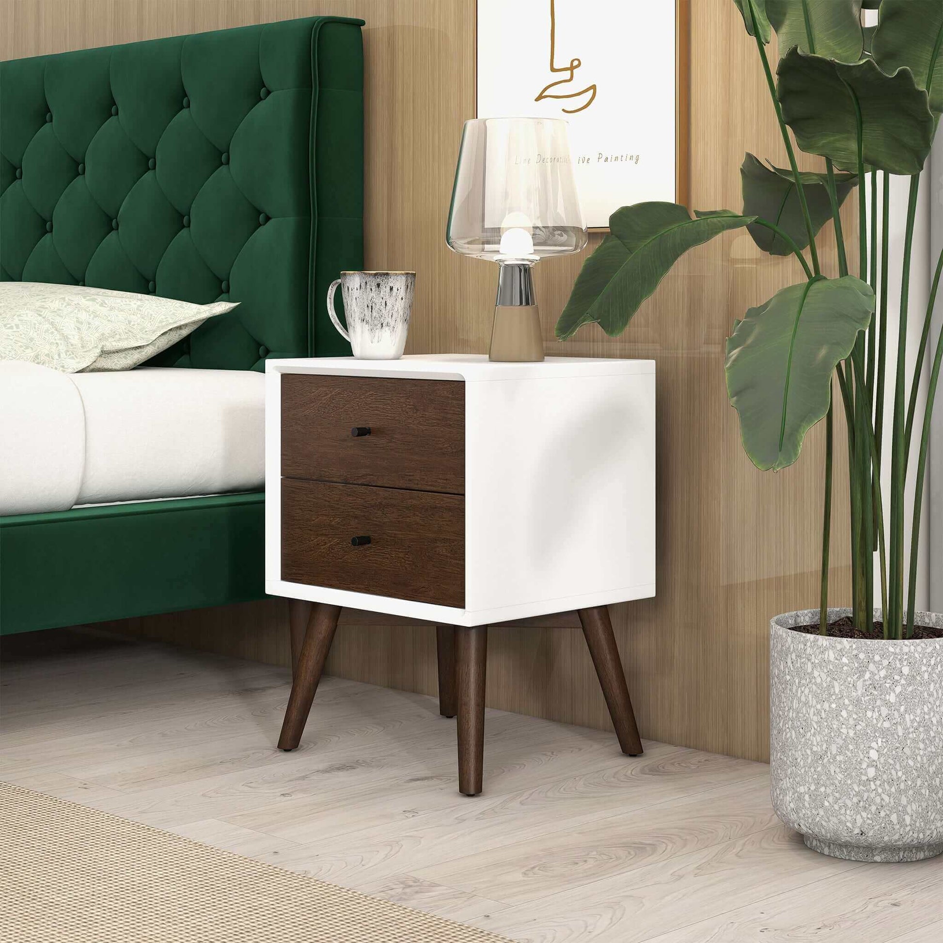 Caroline Mid Century Modern Style White Night Stand 2 Drawer Dark Brown,White Brown 2 Drawers Bedroom With Legs Walnut Solid Wood Walnut Solid Wood