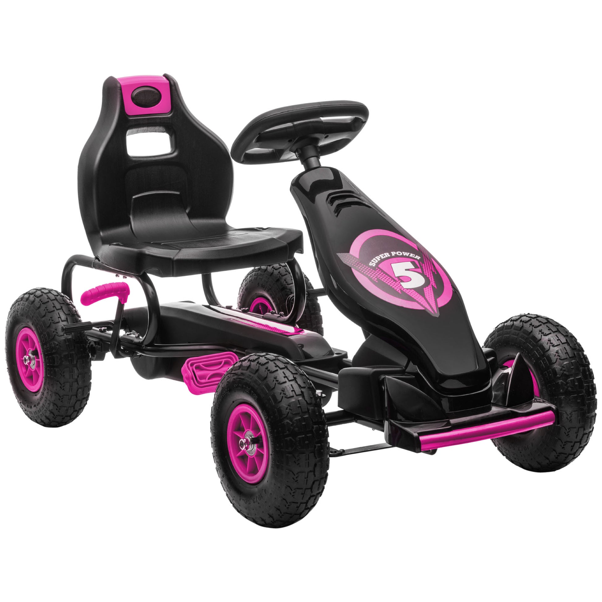 Aosom Kids Pedal Go Kart Ride On Toy With Ergonomic Comfort, Pedal Car With Tough, Wear Resistant Tread, Go Cart Kids Car For Boys & Girls With Suspension System, Safety Hand Brake, Ages 5 12, Pink Pink Plastic