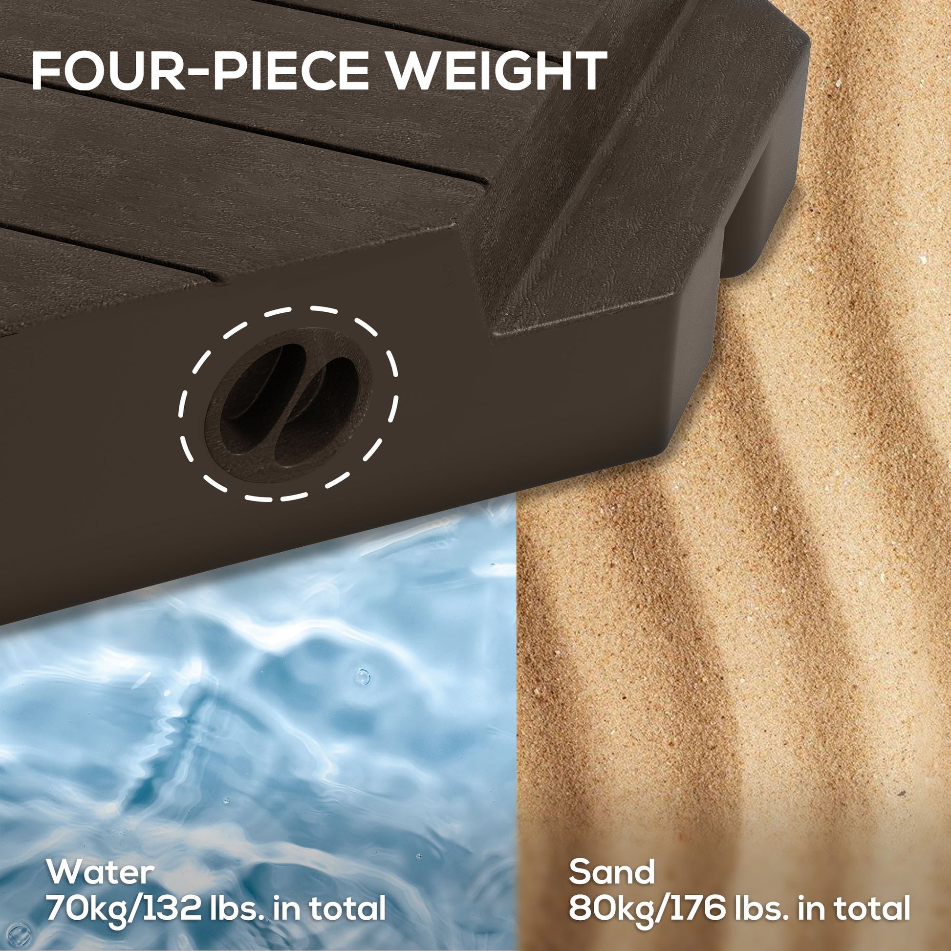 Outsunny 4 Piece Patio Cantilever Umbrella Base Weight Set, Outdoor Offset Umbrella Weights For Umbrella Stand, 132 Lb. Capacity Water Or 176 Lb. Capacity Sand, Brown Brown Hdpe
