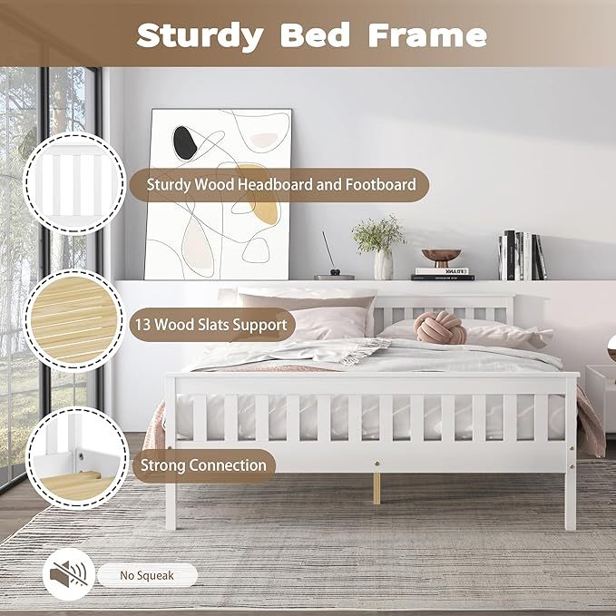 Twin Bed Frames With Headboard, Solid Wooden Platform Bed With Corner, Modern Low Profile Bed Frame, No Box Spring Needed, White Twin White Wood