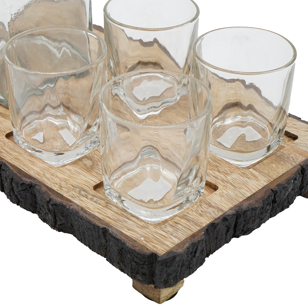S 6 Alaine Bar Set With Mango Wood Stand Brown Glass