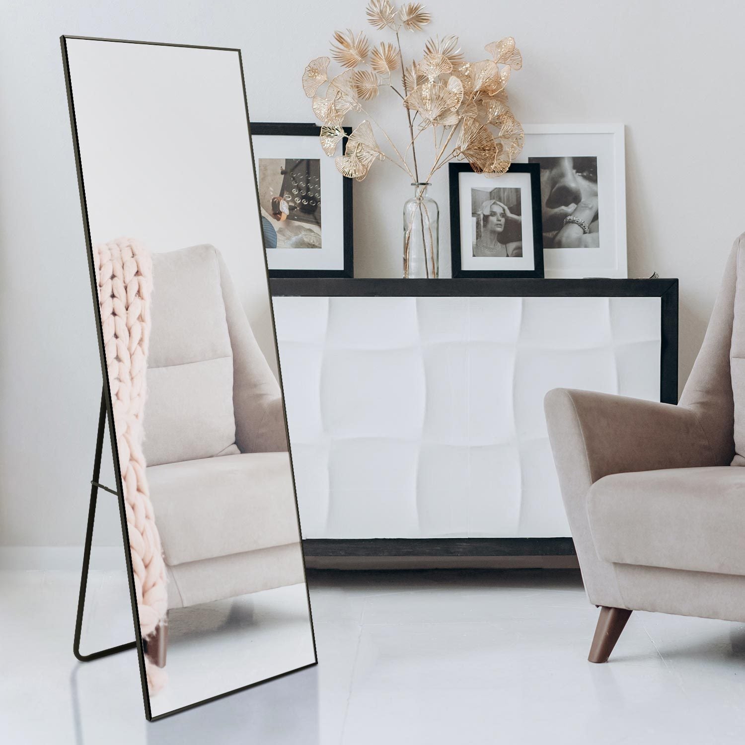 Full Length Mirror, Floor Mirror With Stand, Dressing Mirrorbedroom Mirror With Aluminium Frame 65"X22", Black Black Glass