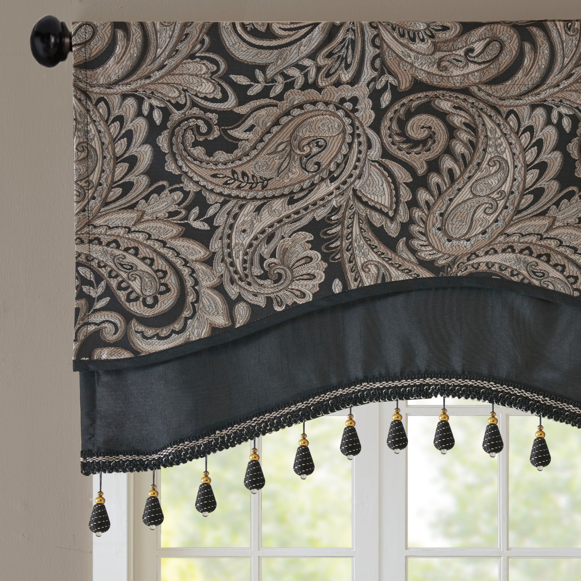 Jacquard Window Rod Pocket Valance With Beads Black 50X18" Black Polyester