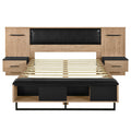 Queen Size Wood Platform Bed With Upholstered Headboard, Lights And Storage Nightstand, Bench, Walnut Box Spring Not Required Queen Walnut Wood Bedroom Bed Frame Faux Leather Solid Wood Mdf
