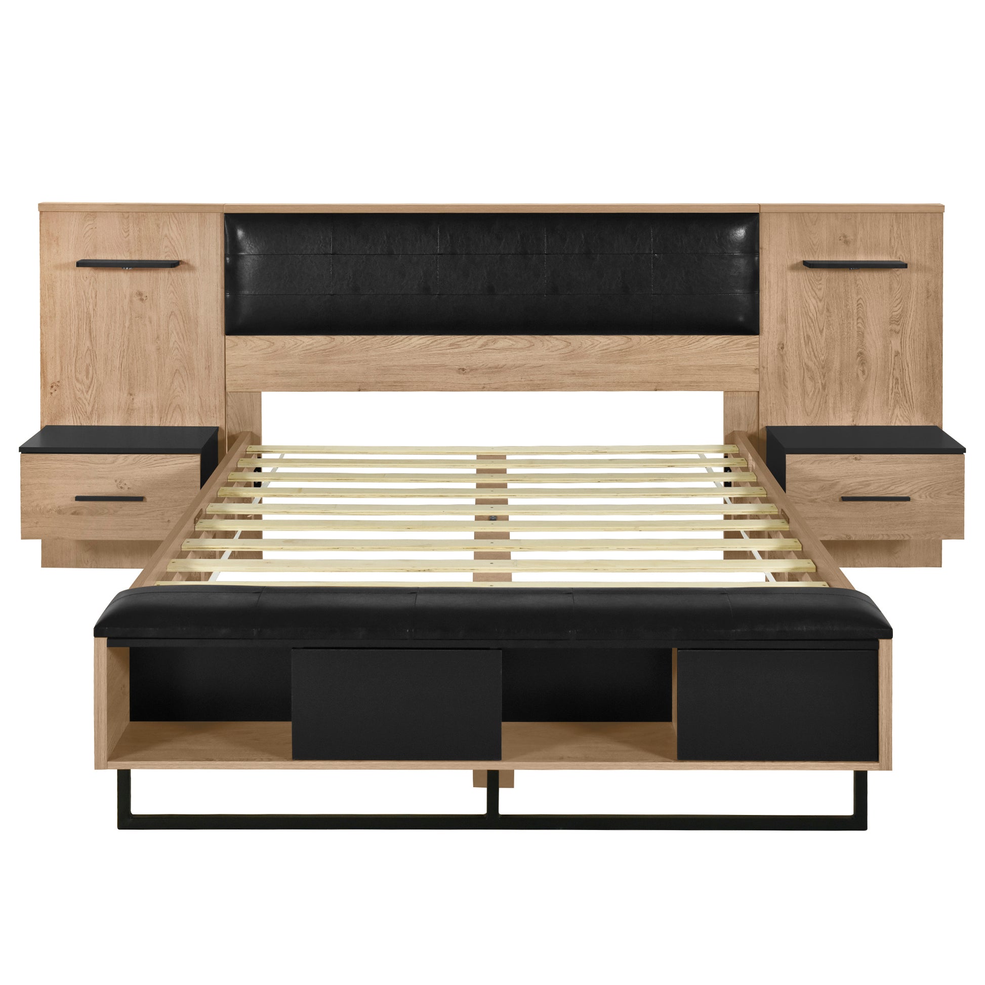 Queen Size Wood Platform Bed With Upholstered Headboard, Lights And Storage Nightstand, Bench, Walnut Box Spring Not Required Queen Walnut Wood Bedroom Bed Frame Faux Leather Solid Wood Mdf