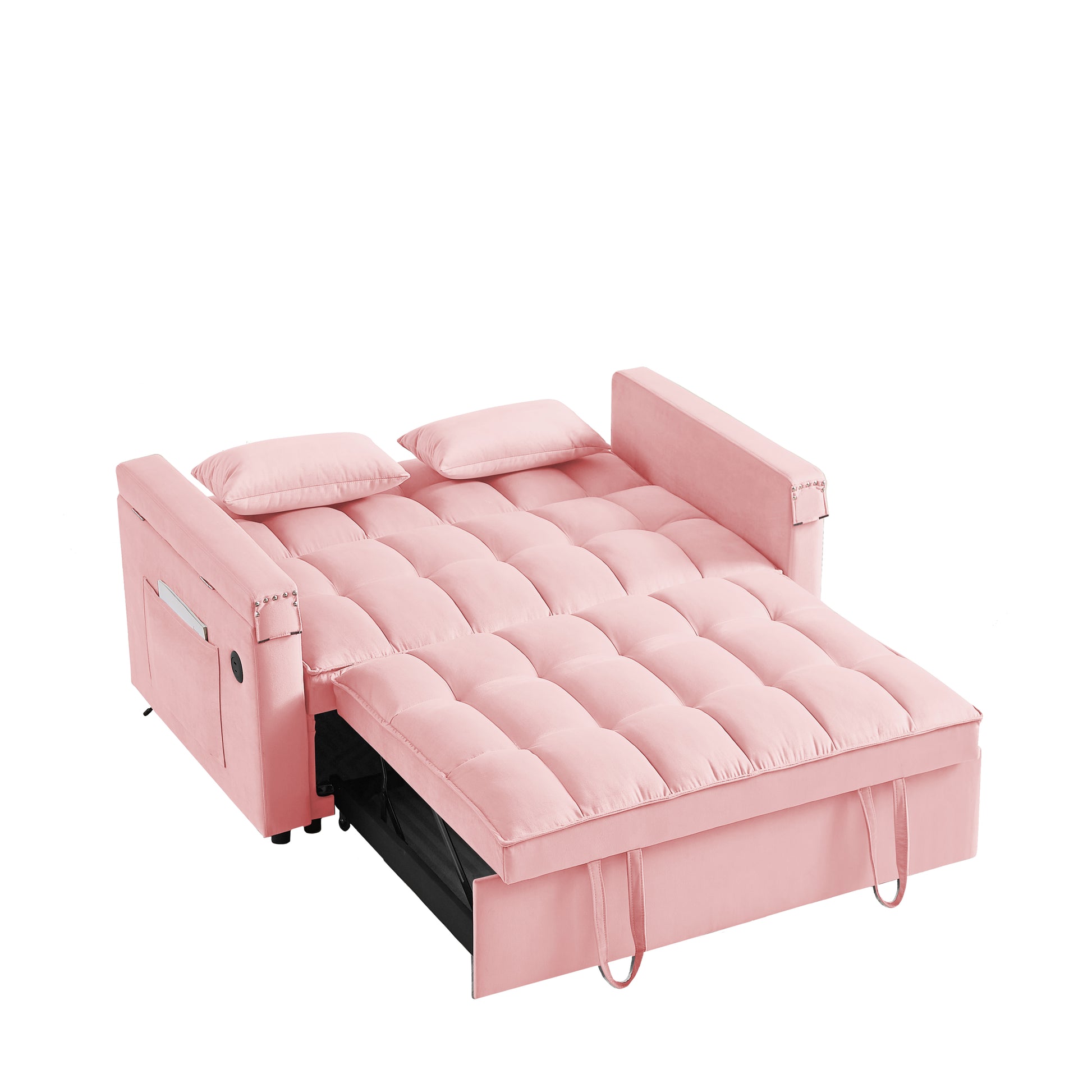 Convertible Sofa Bed In 3 Lengths, Modem Velvet Pulaut Bed, Adjustable Back And Wih Usb Port And Hidden Laptop Desk Table For Living Room, Smal Space,Pink Pink Velvet 2 Seat