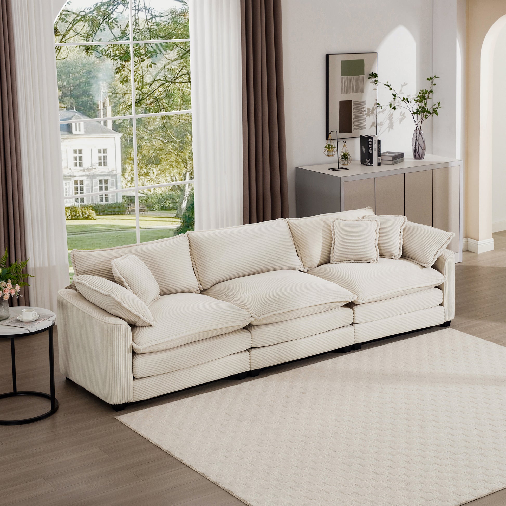 Mid Century Modern Sofa 3 Seater Sectional Sofa With 2 Arm Pillows And 3 Throw Pillows, Light Beige Corduroy Fabric Beige Corduroy 3 Seat