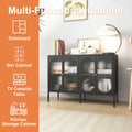 Metal Sideboard Cabinet With 4 Glass Door, Steel Locker Sideboard Buffet Cabinet, Sideboard Buffet Cabinet With 4 Doors, Kitchen Storage Cabinet, Coffee Bar Cabinet For Kitchen, Living Room, Black