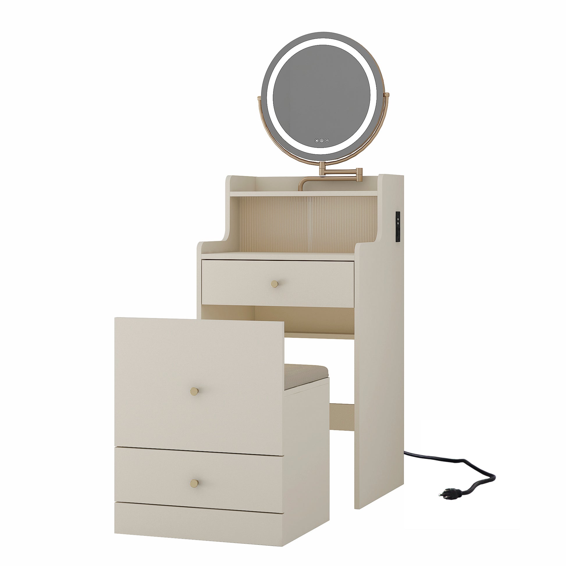 3 In 1 Vanity Desk With Mirror And Light ,Small Makeup Vanity Set With Charging Station, With 2 Drawers And Open Storage Space, With Upholstered Stool, Compact Dressing Table Writing Desk For Small Sp Light Yellow Mdf