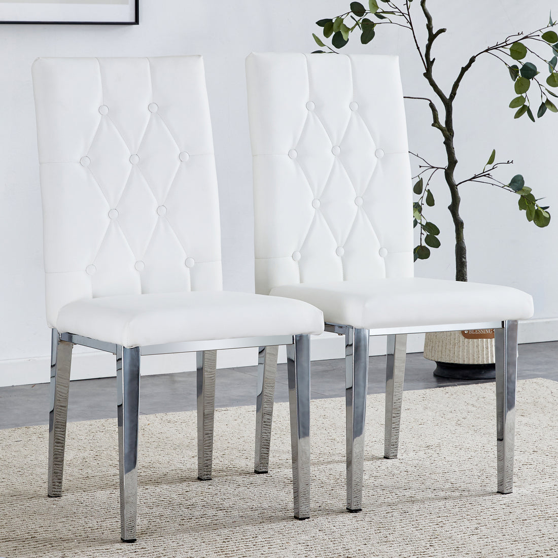 2 Piece Dining Chair Set, Modern Style Kitchen Soft Cushion High Backrest, With Embedded Buttons, Metal Leg Office Chair, Suitable For Restaurants, Offices, And Restaurants. White Pu