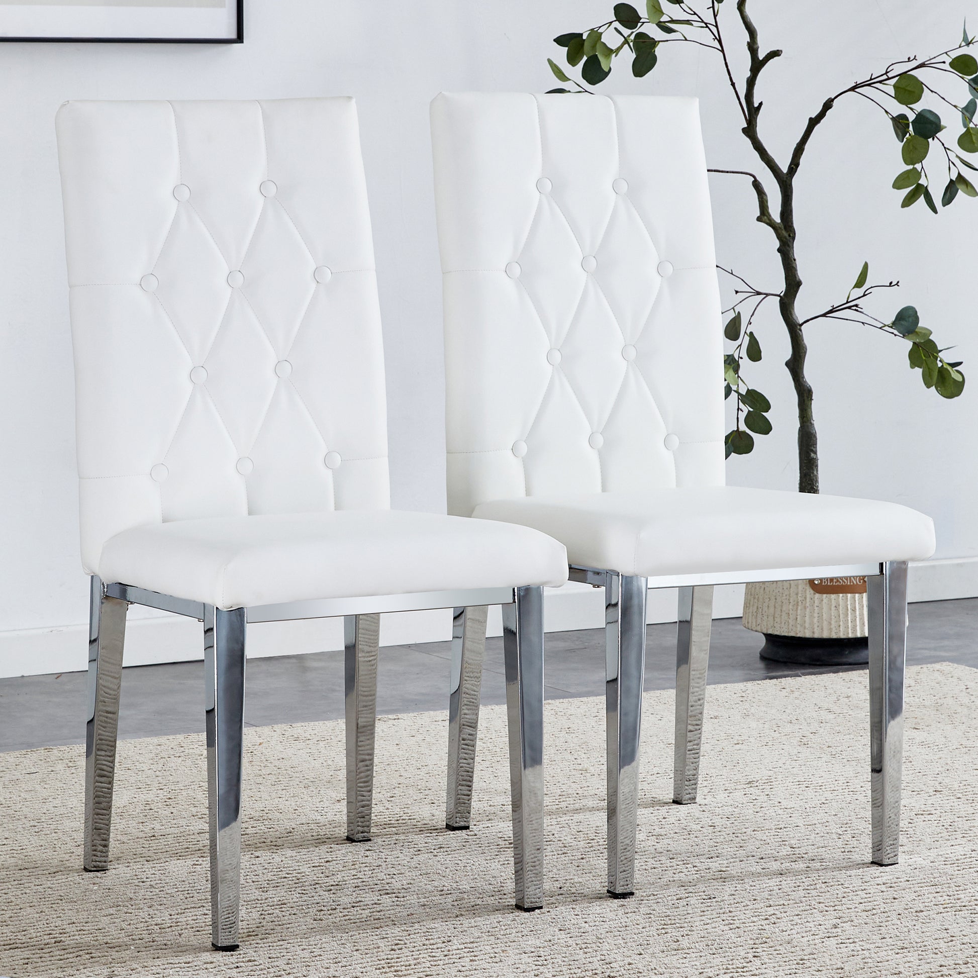 2 Piece Dining Chair Set, Modern Style Kitchen Soft Cushion High Backrest, With Embedded Buttons, Metal Leg Office Chair, Suitable For Restaurants, Offices, And Restaurants. White Pu