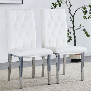 2 Piece Dining Chair Set, Modern Style Kitchen Soft Cushion High Backrest, With Embedded Buttons, Metal Leg Office Chair, Suitable For Restaurants, Offices, And Restaurants. White Pu