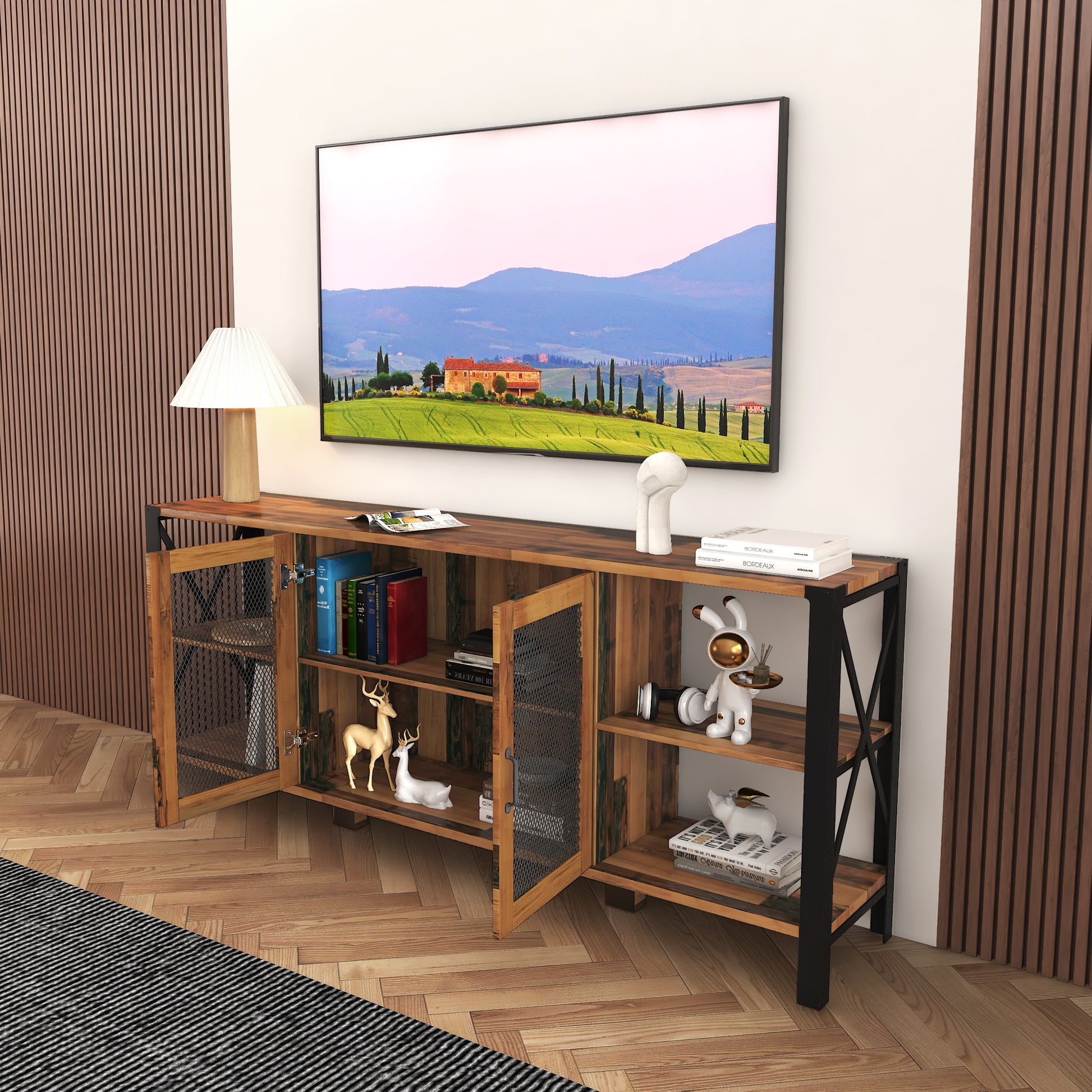 Tv Stands For Living Room, Industrial Tv Stand For Bedroom Furniture, Farmhouse Tv Stand 80 Inch Television Standmodern Horizontal Wood And Metal Open Bookshelf Walnut 70 79 Inches Particle Board Mdf