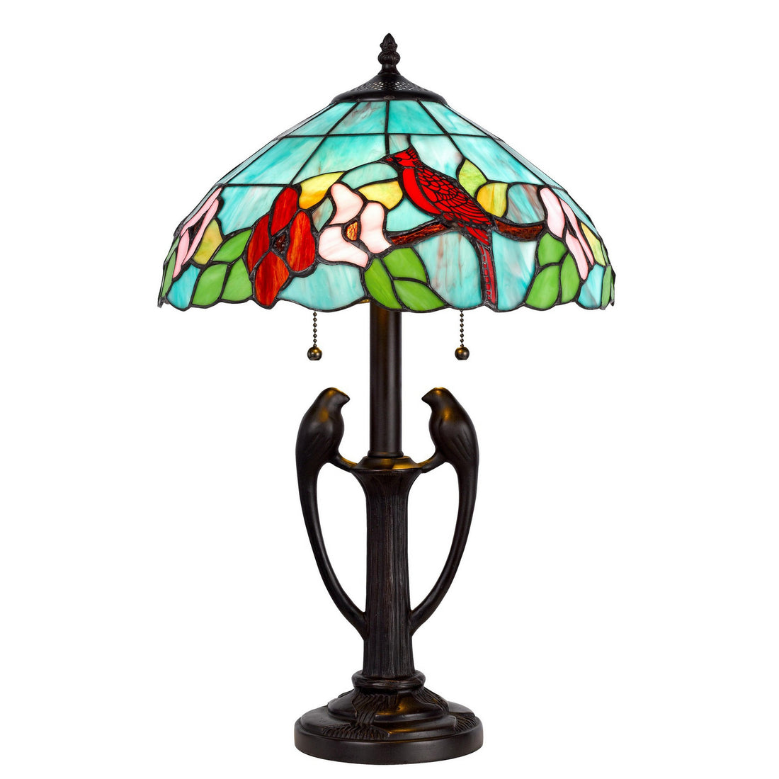 22 Inch Classic Table Lamp, Bird Art Stained Glass Shade, Antique Bronze Brown Resin