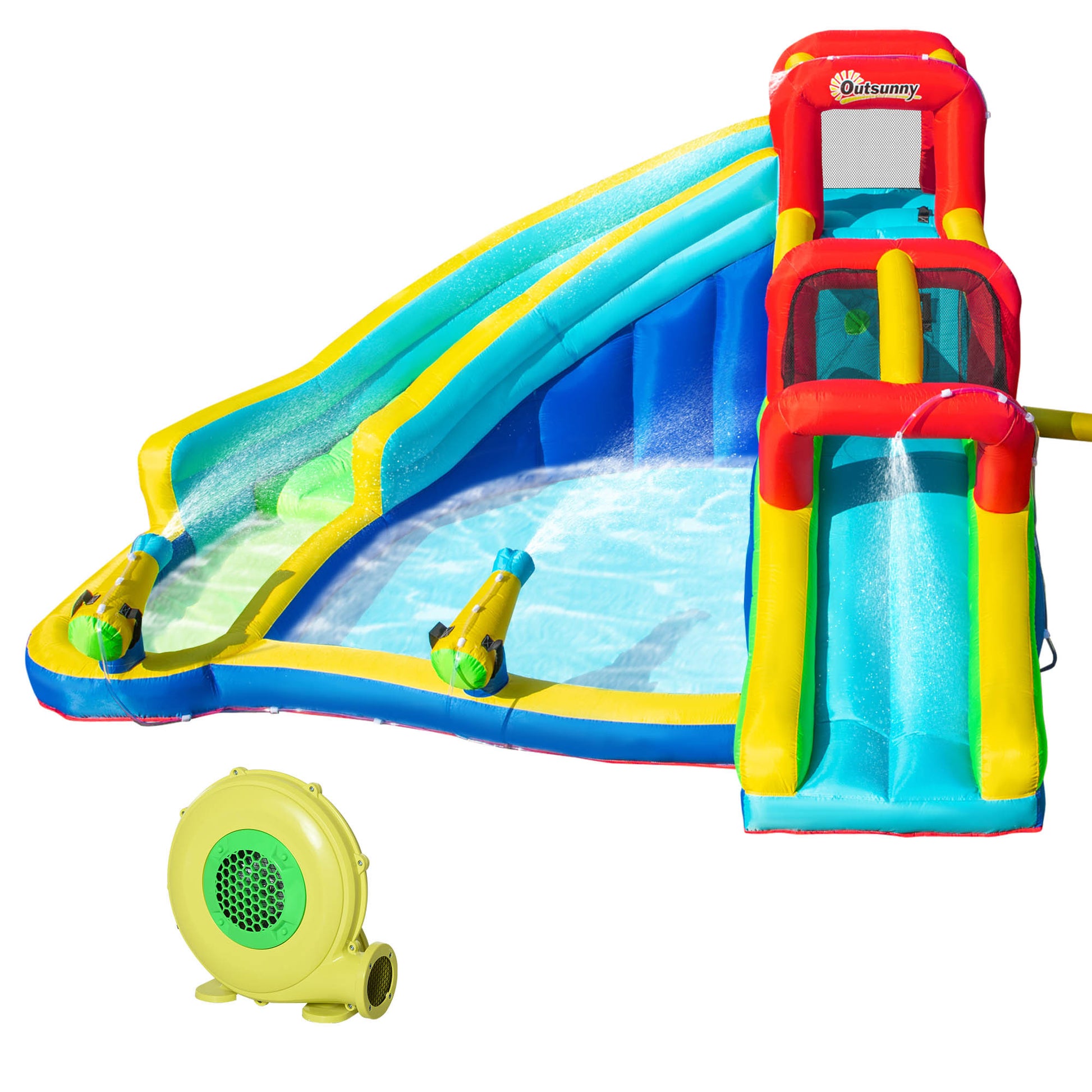 Outsunny 5 In 1 Inflatable Water Slide Kids Bounce House Water Park Jumping Castle Includes Trampoline Slide Water Pool Cannon Climbing Wall With Carry Bag, Repair Patches, 450W Air Blower Colorful Polyester