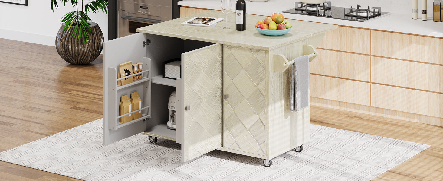 K&K 51.2"W Ash Veneer Not Cheap Paper Solid Wood Handwoven Kitchen Island With Drop Leaf, Coastal Kitchen Island On Wheels With Internal Storage Rack, Rolling Kitchen Cart, Champagne Champagne