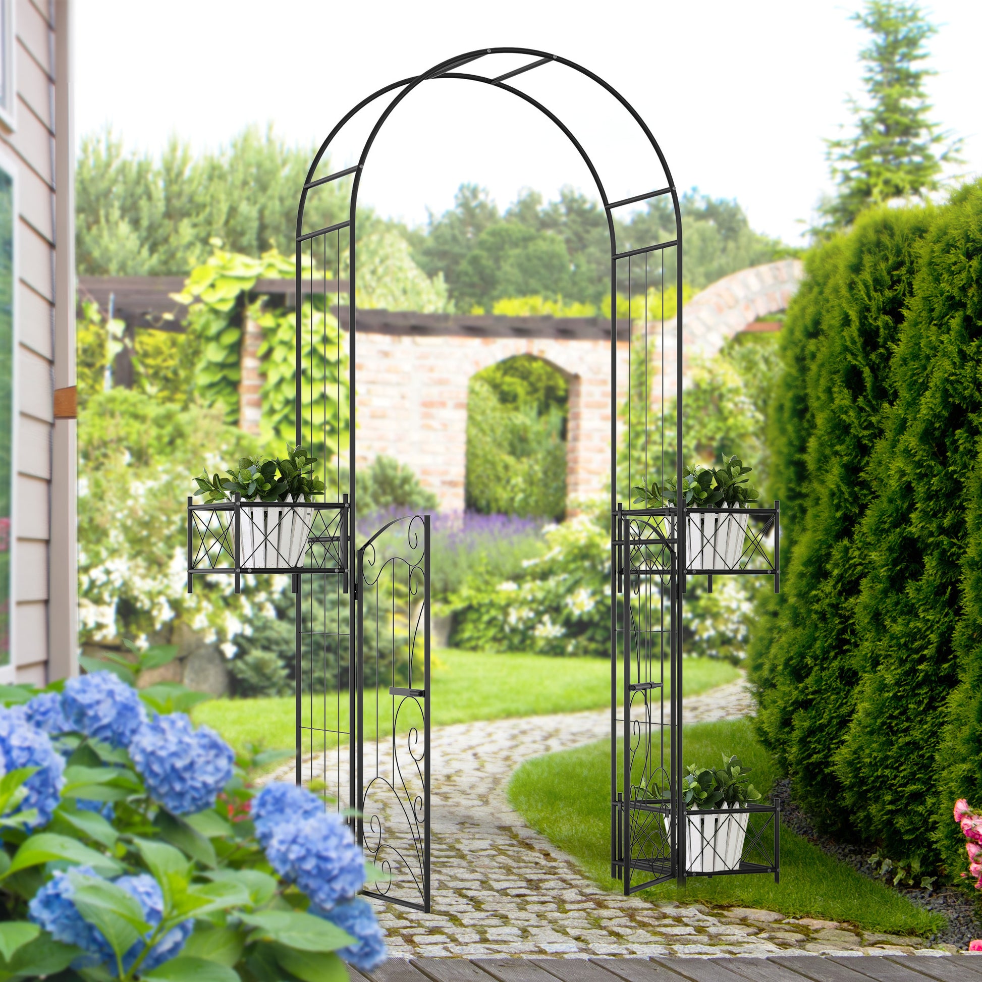 Outsunny 7' Garden Arch Arbor, Metal Arch Trellis With Gate, Garden Archway For Climbing Vines, Wedding Ceremony Decoration, Black Black Metal