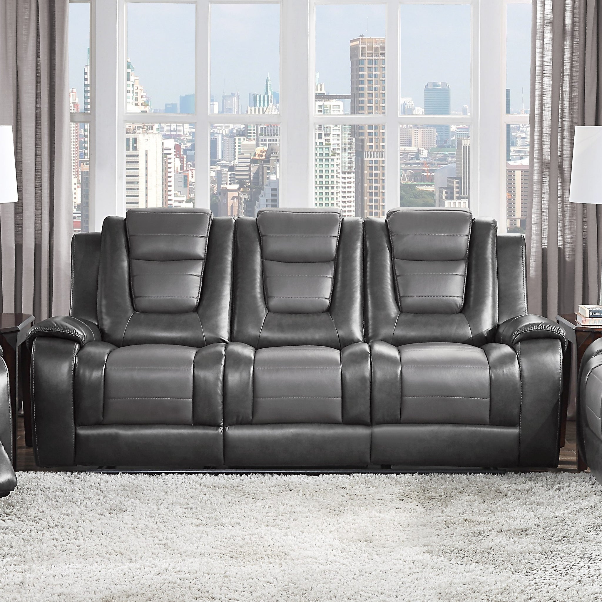 Modern Luxury Sofa Dual Reclining With Center Drop Down Cup Holders 1Pc Formal Living Room Furniture Premium Faux Leather Upholstery Comfortable Two Tone Gray Finish Dark Gray,Light Gray Faux Leather Wood Primary Living Space Luxury,Modern Plywood,Solid