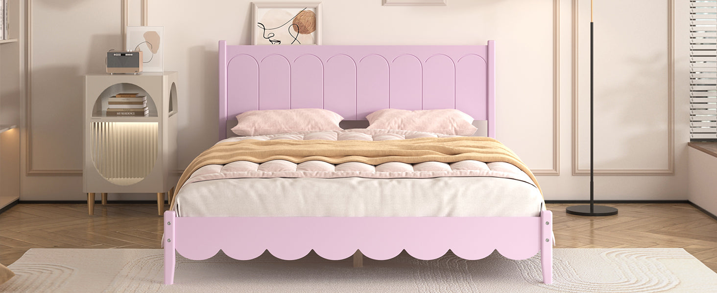 Queen Size Wood Platform Bed Frame, Retro Style Bed With Rectangular Headboard,No Need Box Spring,Pink Queen Pink Wood