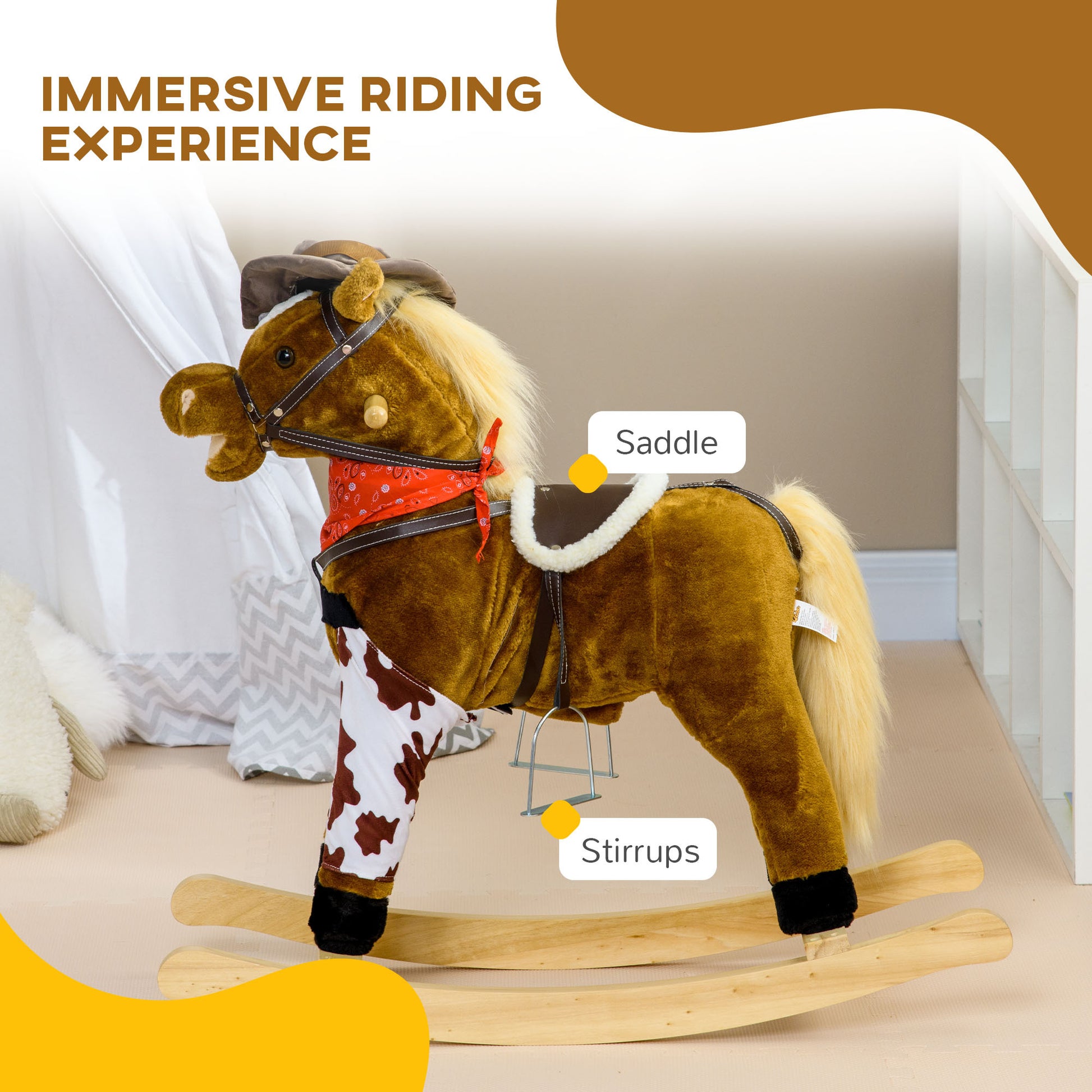 Qaba Baby Rocking Horse, Large Riding Horse, Plush Animal Rocker With Realistic Sound, Saddle, Toy For Boy Girl Ages 3 8 Years Old, Brown Brown Plush