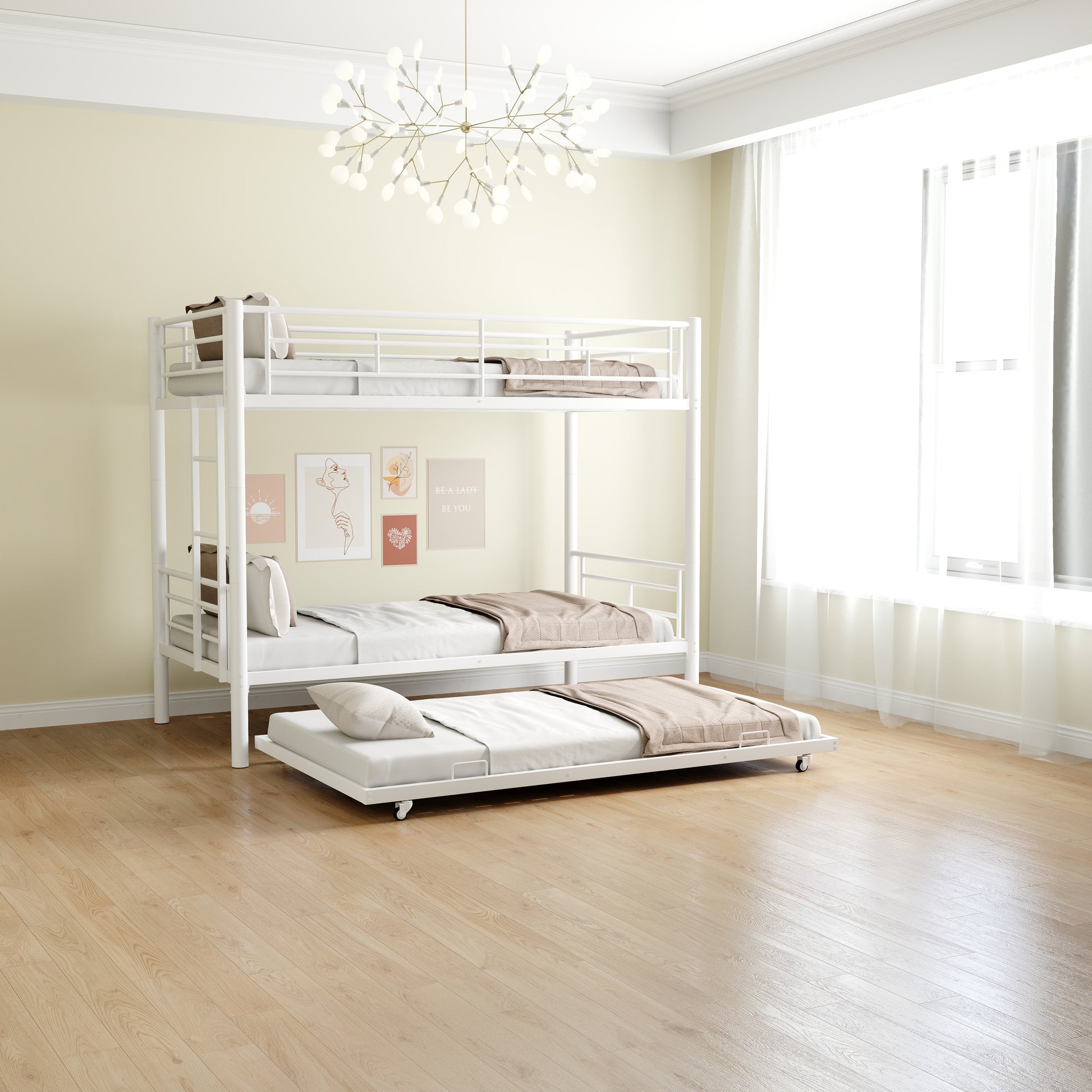 Heavy Duty Sturdy Meta Twin Over Full Bunk Bed L Noise Reduced Safety Guardrail No Box Spring Needed,White Box Spring Not Required Twin White Metal