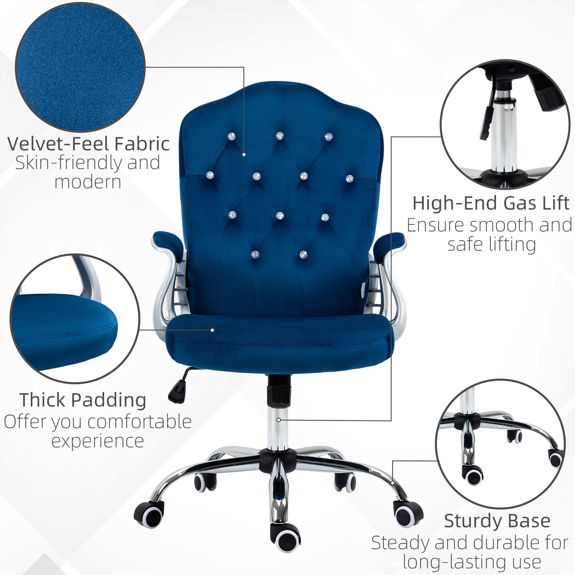 Vinsetto Home Office Chair, Velvet Computer Chair, Button Tufted Desk Chair With Swivel Wheels, Adjustable Height, And Tilt Function, Blue Blue Polyester