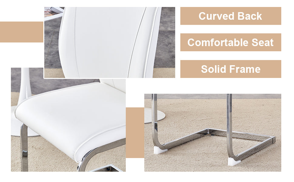 Table And Chair Set.Modern Dining Table,Tempered Glass Tabletop And Silver Colored Leg.Paired With 4 Soft And Comfortable White Pu Chair, Perfect For Dinner, Meetings, Home And Office Decor. White