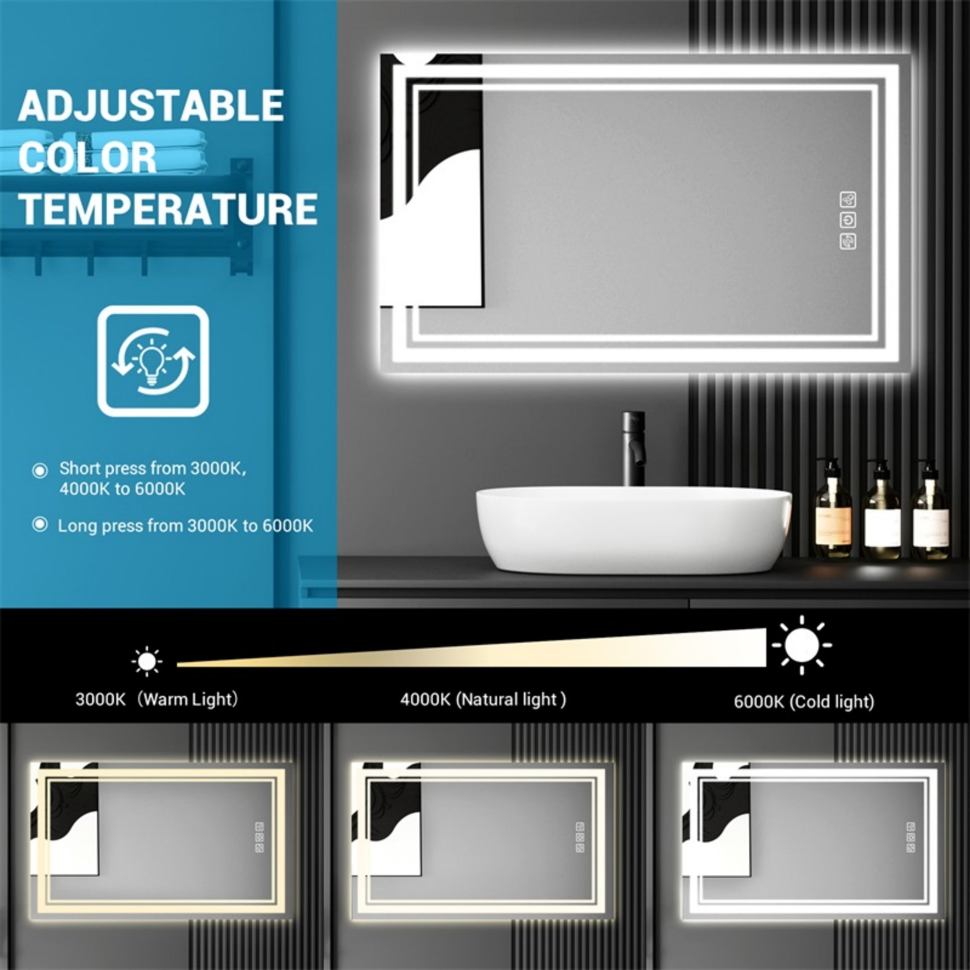 Led Bathroom Mirror 32" X 24" Front And Backlight, 5 Mins Defog, 5Mm Full Hd Reflected Wall Mounted Vanity Mirror, 3 Colors Stepless Dimmable, Cri90 , Memory Function Plug In Hardwire Silver Glass