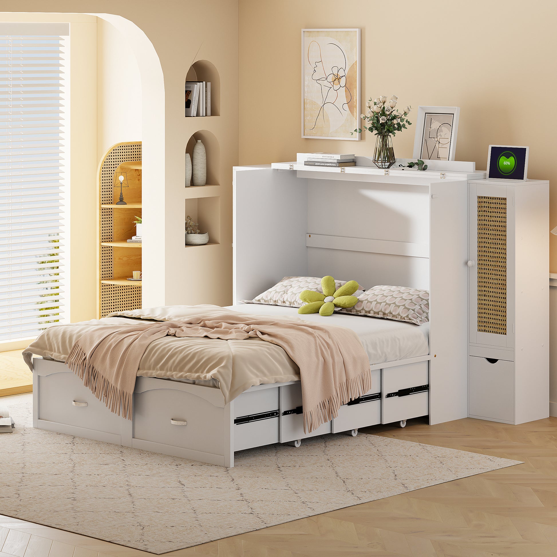 Full Size Murphy Bed Wall Bed With Drawer And Rattan Decoration With 2 Storage Cabinets, One Set Of Sockets & Usb Ports, Pulley Structure Design, White Full White Plywood