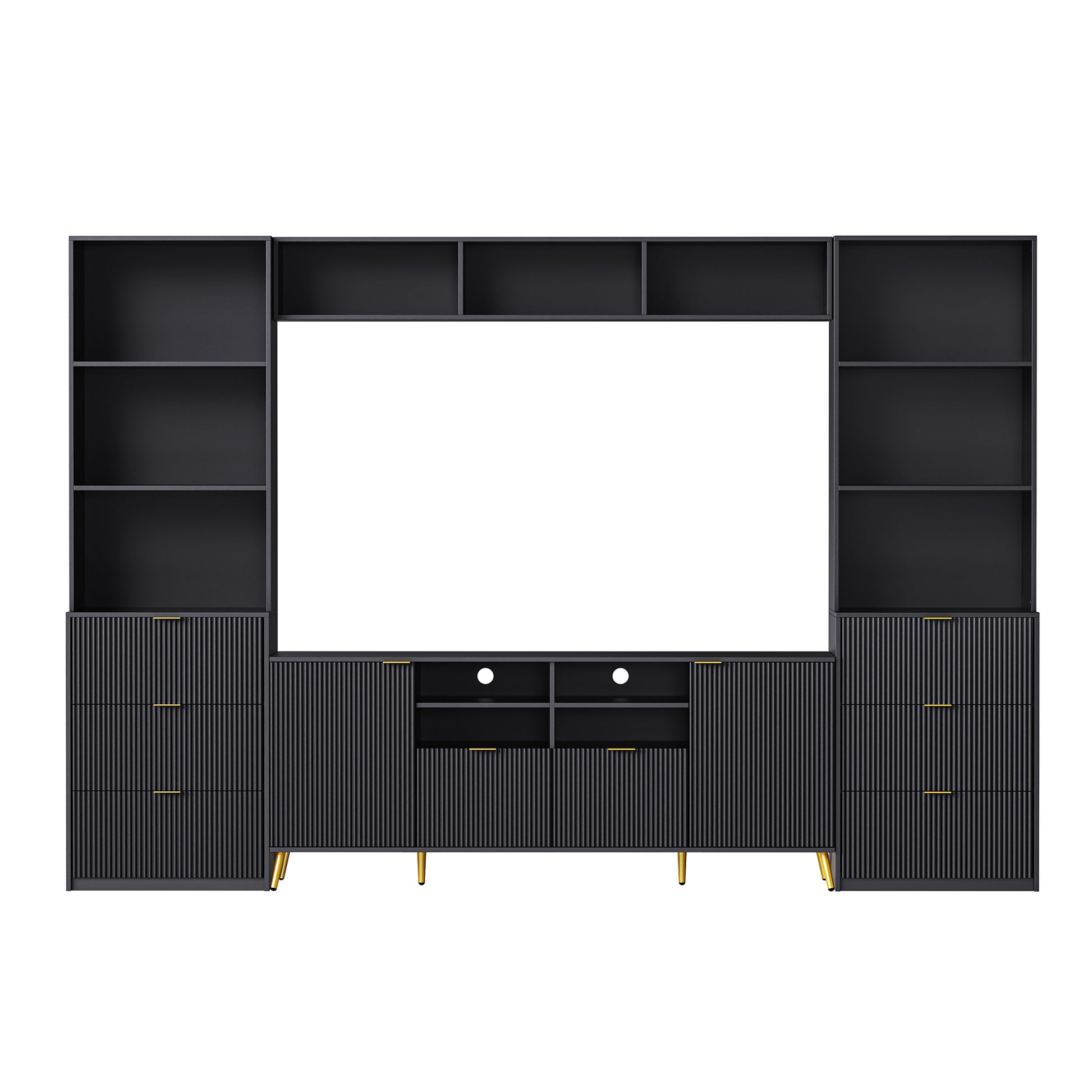 4 Piece Entertainment Wall Unit With 13 Shelves,8 Drawers And 2 Cabinets, Multifunctional Tv Stand Media Storage Cabinet With Fluted Line Surface For Living Room, For Tvs Up To 70" Black 60 69 Inches Mdf