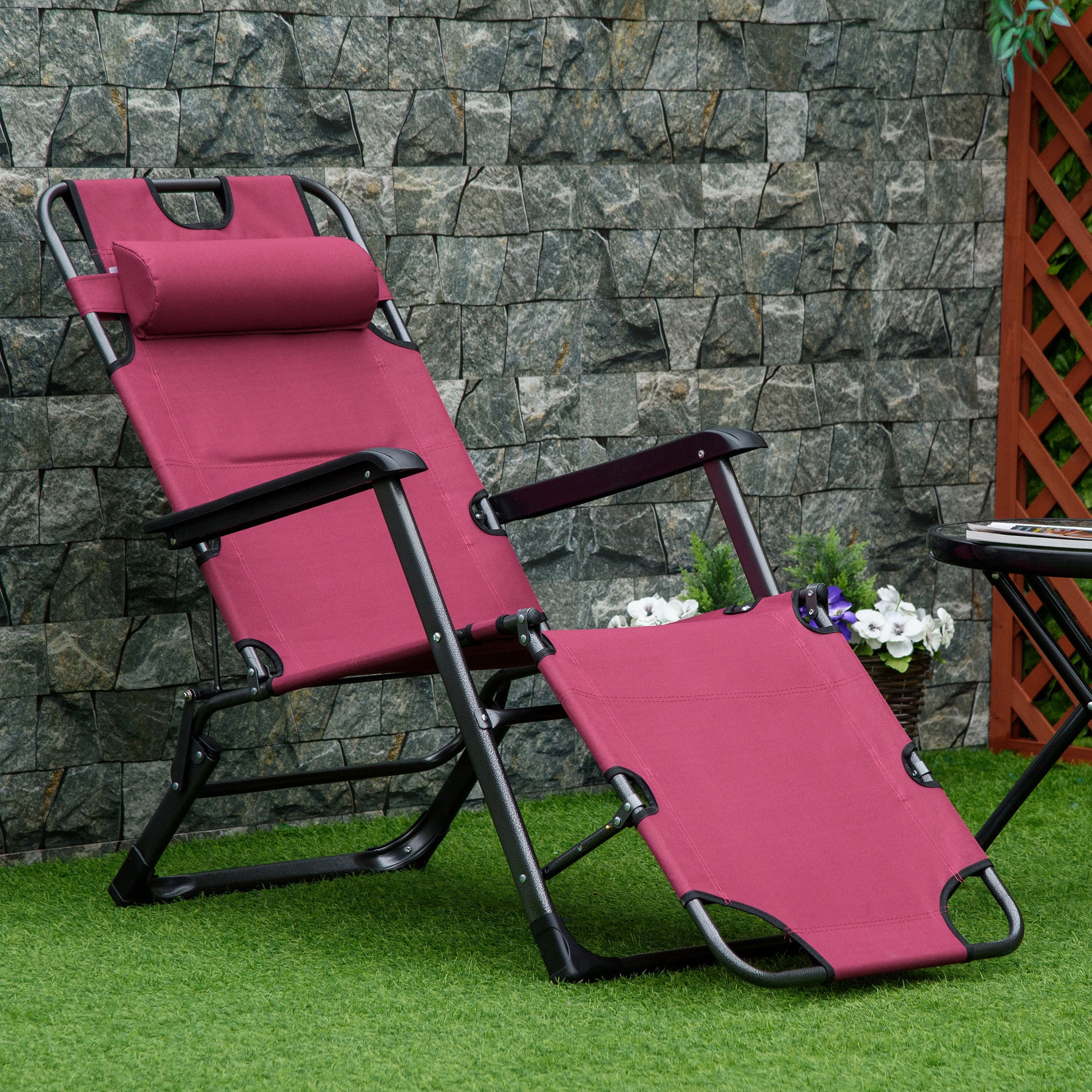 Outsunny Folding Chaise Lounge Chair For Outside, 2 In 1 Tanning Chair With Pillow & Pocket, Adjustable Pool Chair For Beach, Patio, Lawn, Deck, Red Red Metal