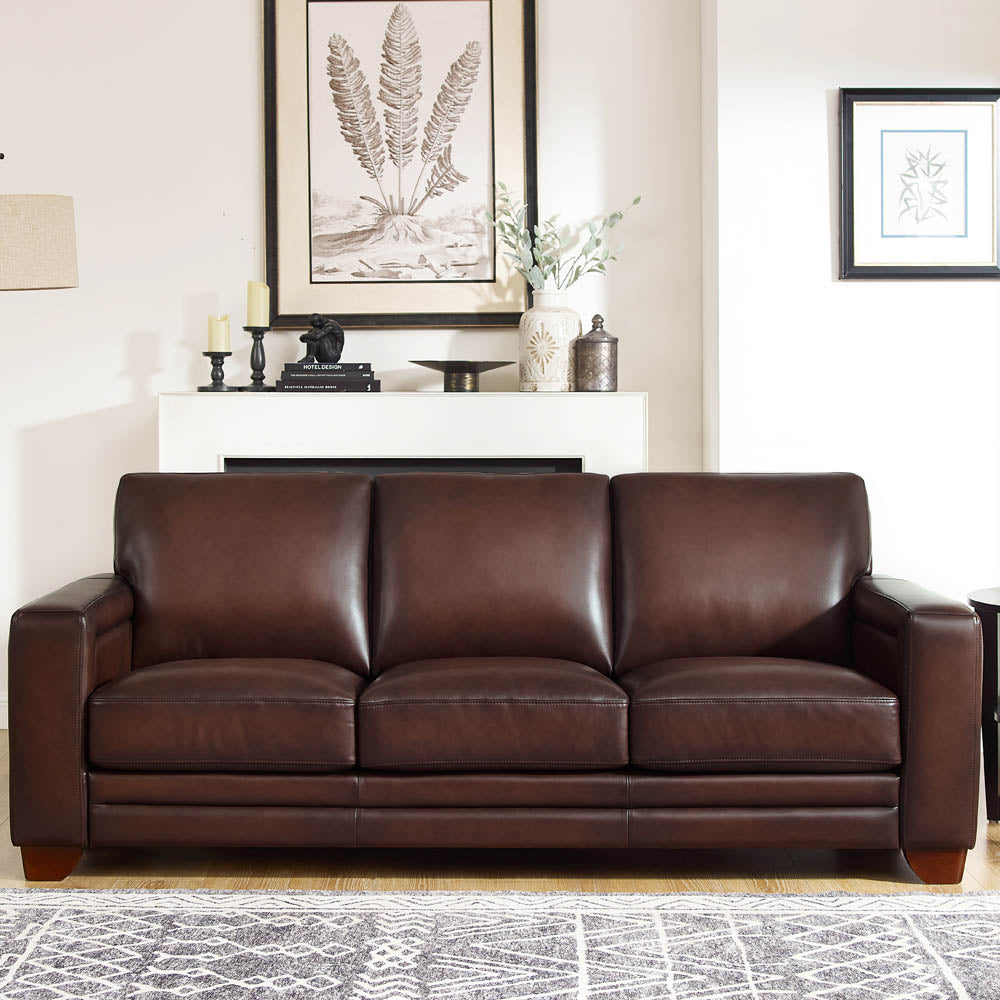 Alice Leather Sofa Caramel Genuine Leather Wood Primary Living Space Medium Firm Cushion Back Mid Century Modern Eucalyptus Square Arms Down Filling Genuine Leather 3 Seat