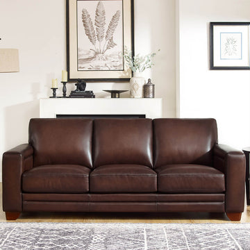 Alice Leather Sofa Caramel Genuine Leather Wood Primary Living Space Medium Firm Cushion Back Mid Century Modern Eucalyptus Square Arms Down Filling Genuine Leather 3 Seat