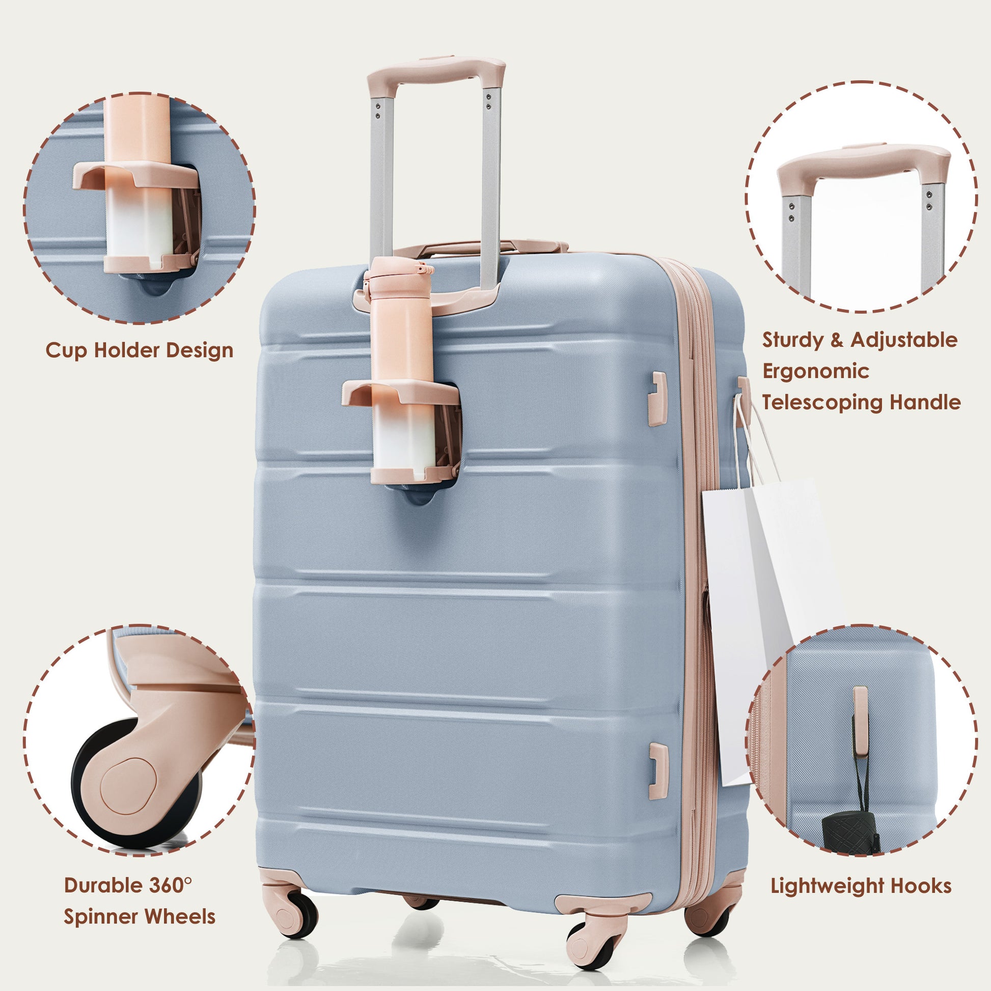 Luggage Sets 4 Piece, 20 Inch With Usb Port, Expandable Abs Durable Suitcase With Travel Bag, Cup Holder, Abs Hard Shell Luggage With Spinner Wheels, Light Blue And Golden Light Blue Abs