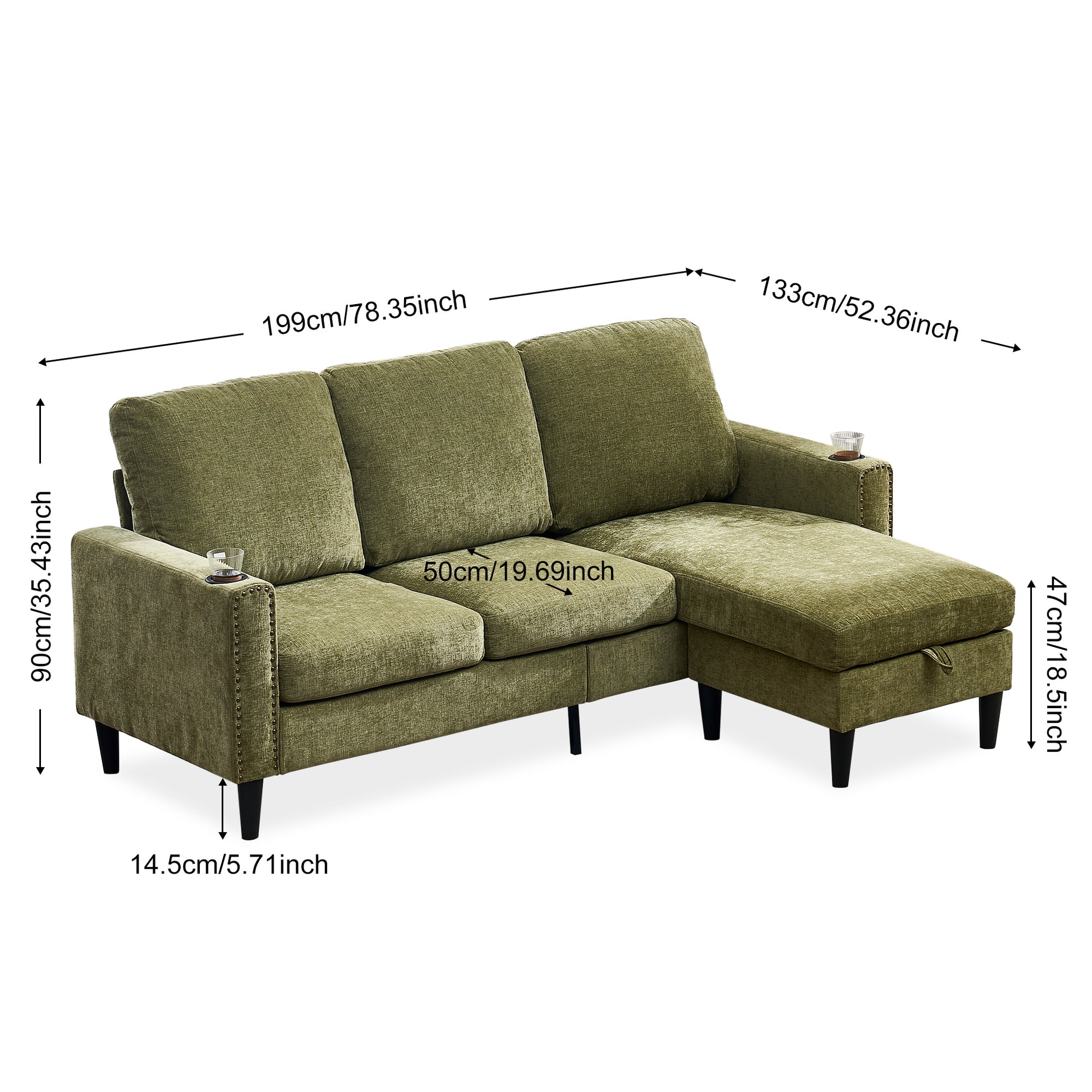 Modern Design Chenille 3 Seater L Shape Sectional Sofa With Storage Chaise For Apartment, Studio, Office,Living Room,L Shape Green Green Chenille Metal Primary Living Space Soft Modern Foam Foam