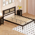 Full Size Wooden Platform Bed With Natural Rattan Headboard, Exquisite Elegance With Minimalist Charm For Bedroom, Black Black Particle Board