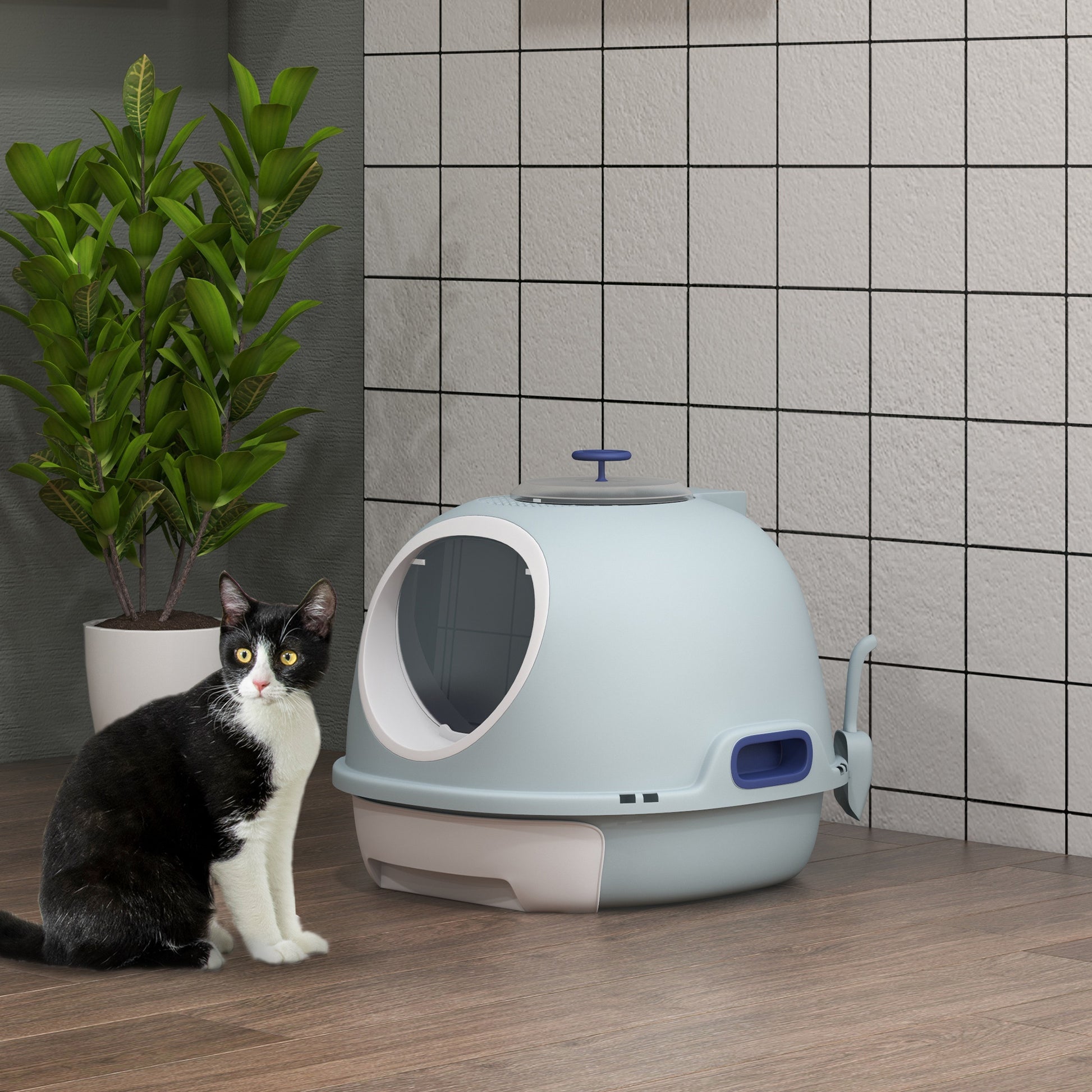 Pawhut Covered Litter Box, Litter Box With A Lid, Scoop Enclosed Drawer & Skylight For Cats That'S Easy To Clean, Blue Blue Plastic