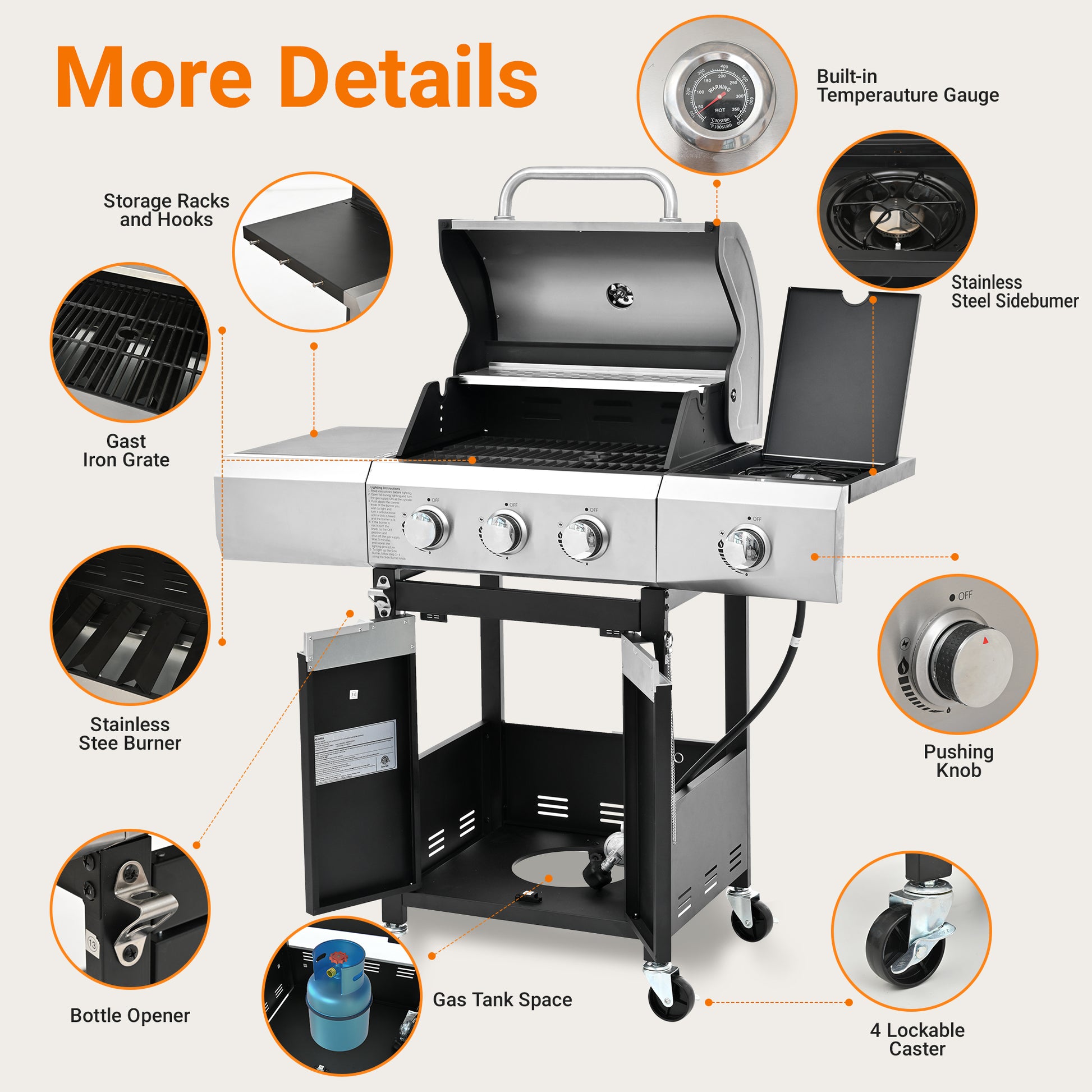 Propane Grill 3 Burner Barbecue Grill Stainless Steel Gas Grill With Side Burner And Cover For Outdoor Bbq, Camping Silver Garden & Outdoor Stainless Steel