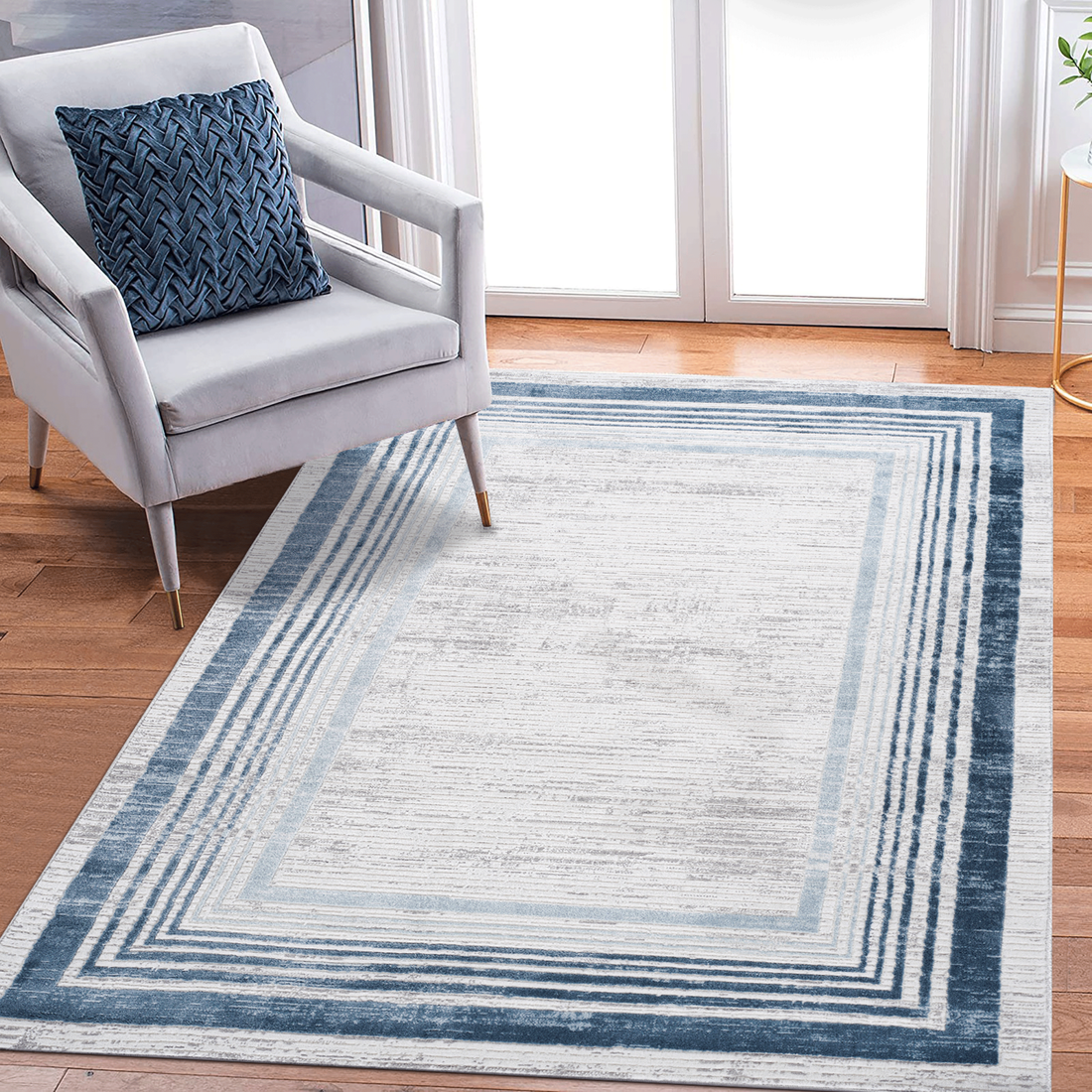 8X10 Blue Ivory Bordered Non Shedding Living Room Bedroom Dining Home Office Stylish And Stain Resistant Area Rug Blue Polyester