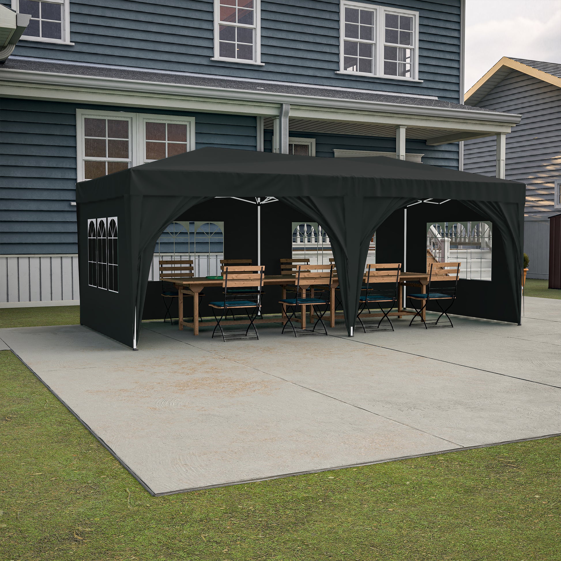 10'X20' Pop Up Canopy Tent With 6 Sidewalls, Ez Pop Up Outdoor Canopy For Parties, Waterproof Commercial Tent With 3 Adjustable Heights, Carry Bag, 6 Sand Bags, 6 Ropes And 12 Stakes, Black Black Metal