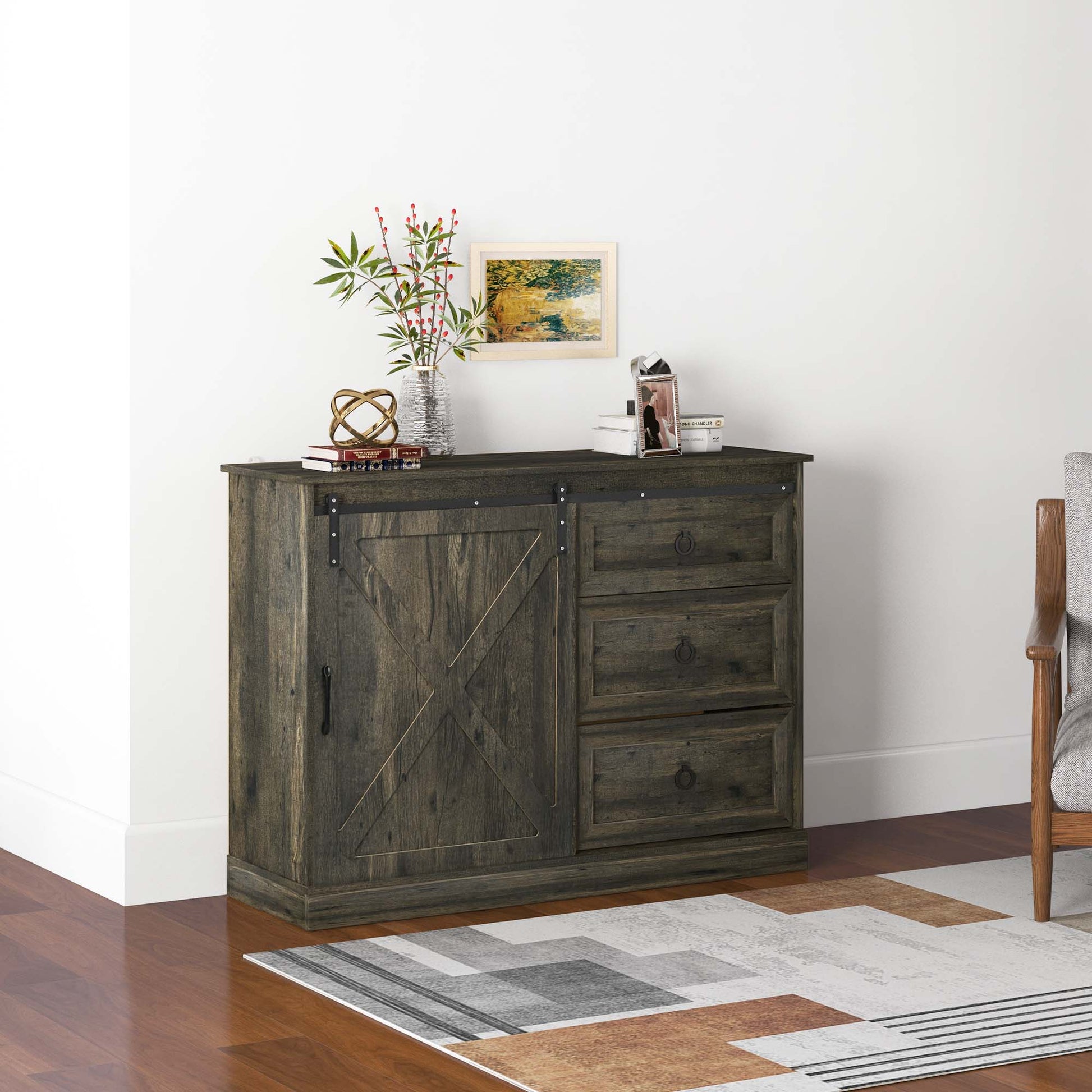 Homcom Farmhouse Sideboard Buffet Cabinet, Kitchen Cabinet Coffee Bar Cabinet With Sliding Barn Door And 3 Storage Drawers For Living Room, Dark Grey Dark Grey Particle Board