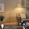 Gold Floor Lamps For Living Room, Arc Floor Lamp With Remote & Dimmable Bulb, Boho Rattan Standing Lamp With 3 Color Temperatures, Height Adjustable Tall Lamp For Bedroom, Over Couch Reading Lamp Brown Black Rattan Metal