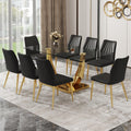 Table And Chair Set.Modern Rectangular Dining Table With Transparent Tempered Glass Tabletop And Gold Plated Metal Legs.Paried With 8 Comfortable Chairs With Pu Seats And Golden Metal Legs. Black Gold,Transparent Seats 8 Glass Metal