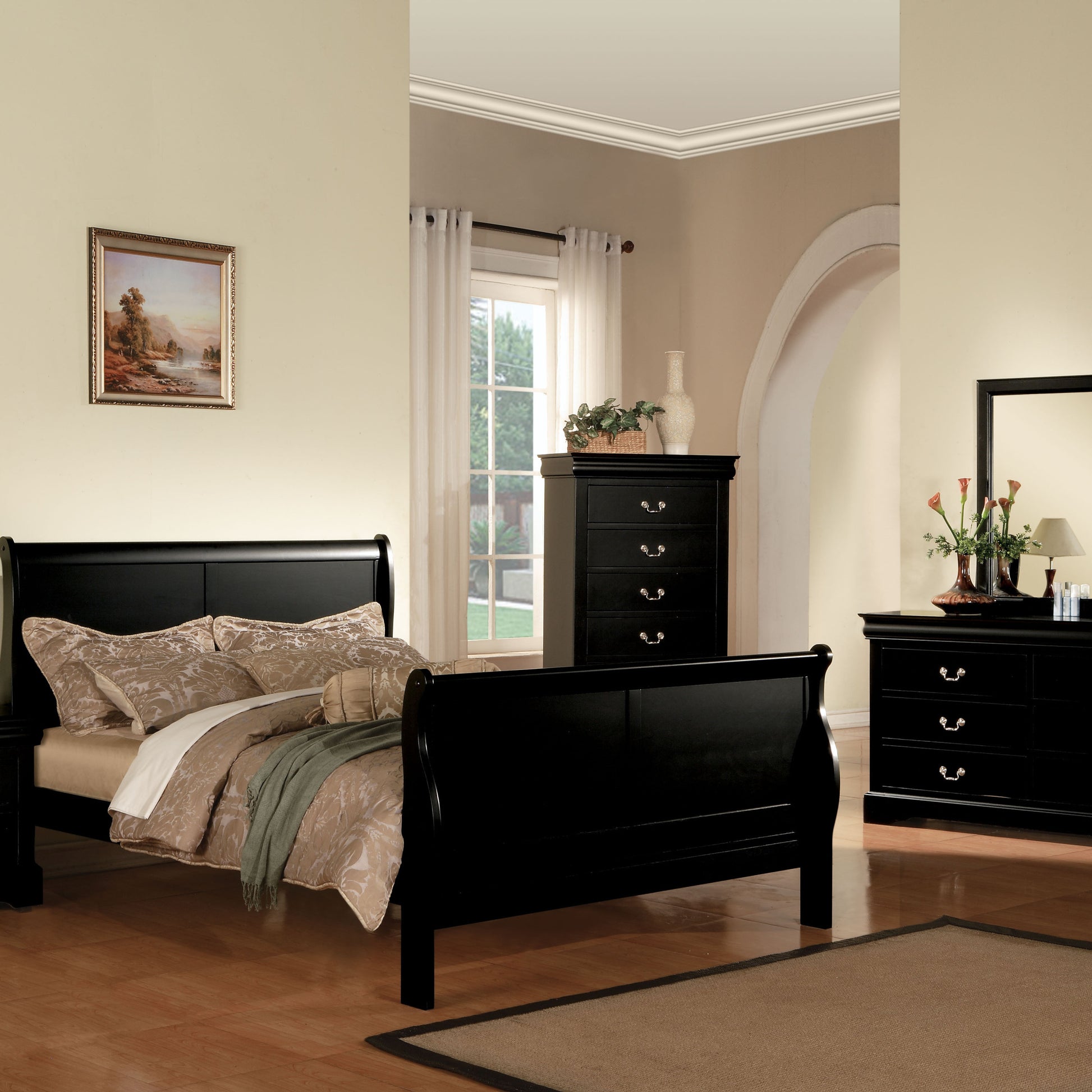 Black Queen Sleigh Bed Box Spring Required Queen Black Wood Bedroom Traditional Wood