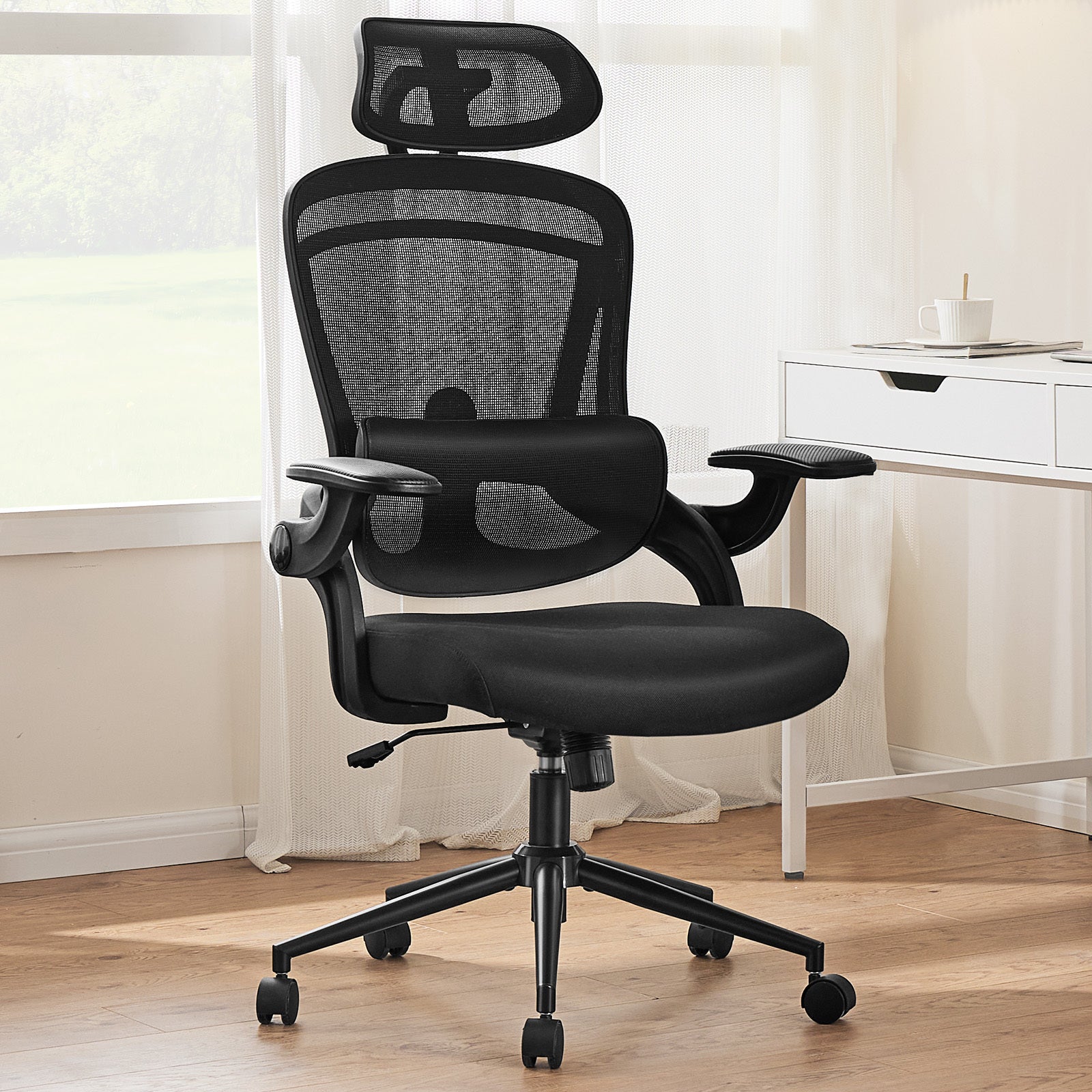 High Back Desk Chair With Adjustable Lumbar Support & Headrest,Comfortable Mesh Computer Chair With Soft Flip Up Arms, Adjustable Height And 120 Tilt,Black Black Abs Pc