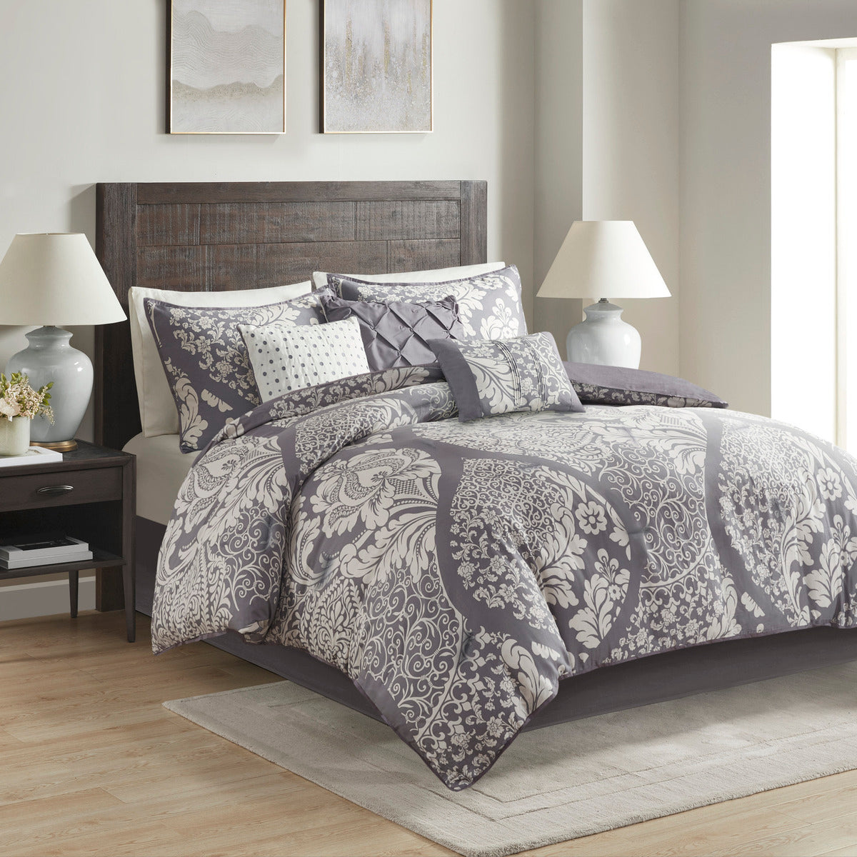 7 Piece Cotton Printed Comforter Set Grey King King Grey Polyester