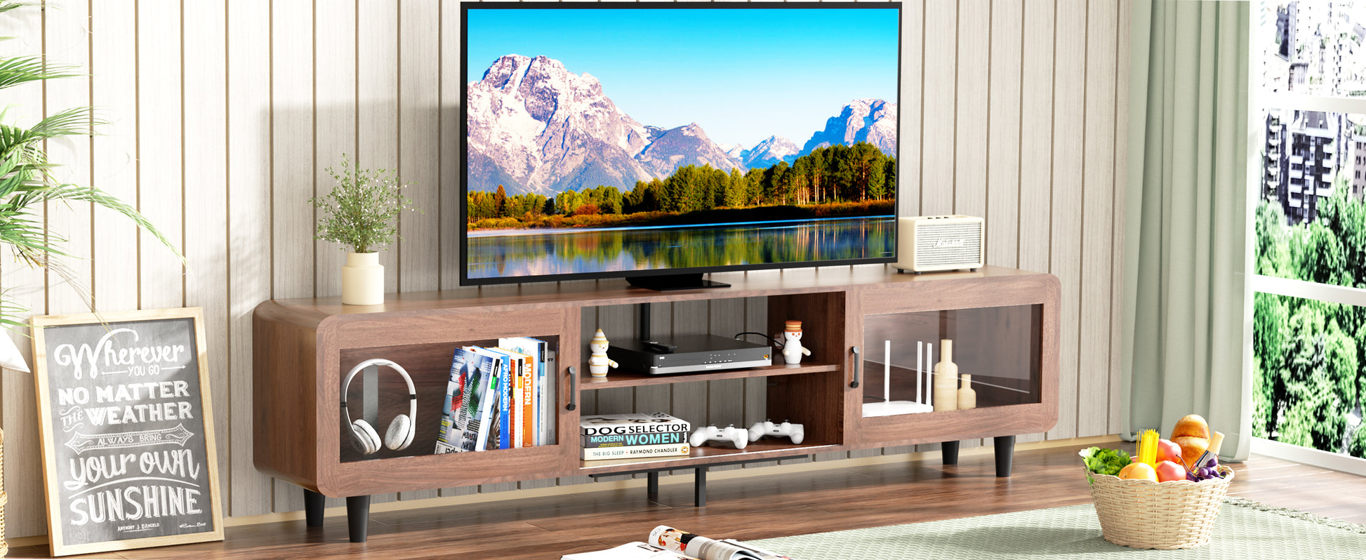 Mid Century Modern Tv Stand For 55 60 65 70 Inch Tv, Wood Entertainment Center With Power Outlets, Media Console With Sliding Doors And Open Shelf For Living Room, Walnut Walnut 60 69 Inches Wood