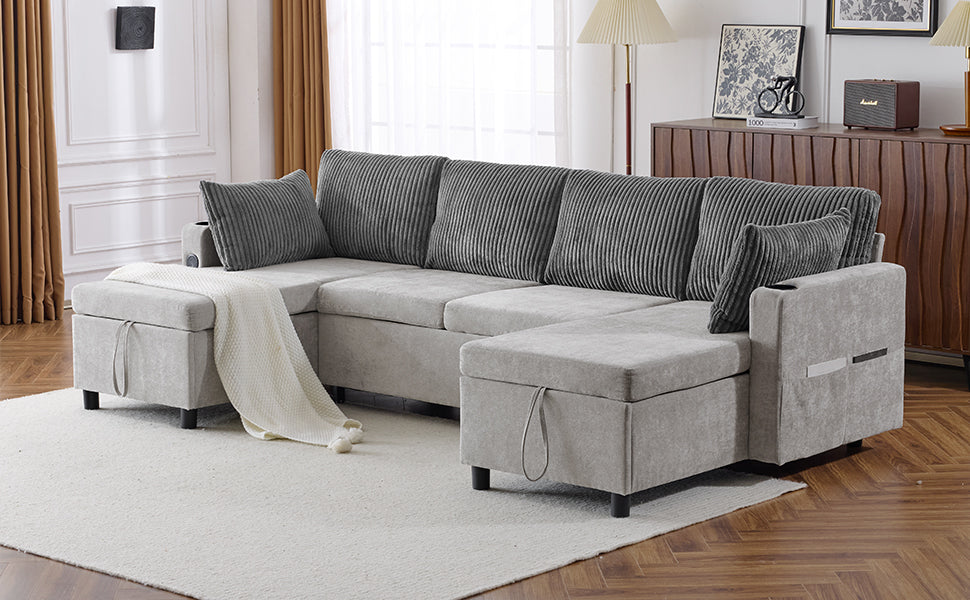 111.8" Sectional Sofa Pull Out Sofa Bed Versatile Sofa Sleeper With Large Storage Space, Two Usb Ports And Two Cup Holders For Living Room, Grey Grey Foam Chenille 4 Seat