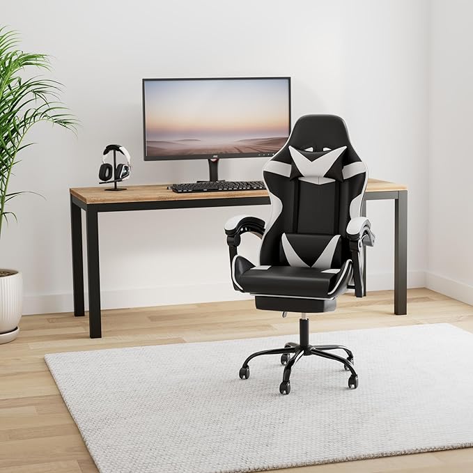 Gaming Chair, Computer Chair With Footrest, Height Adjustable & 90 135 Tilt Function, Swivel Recliner Ergonomic Racing Style Video Game Chair With Lumbar Support Black White White Black Leather